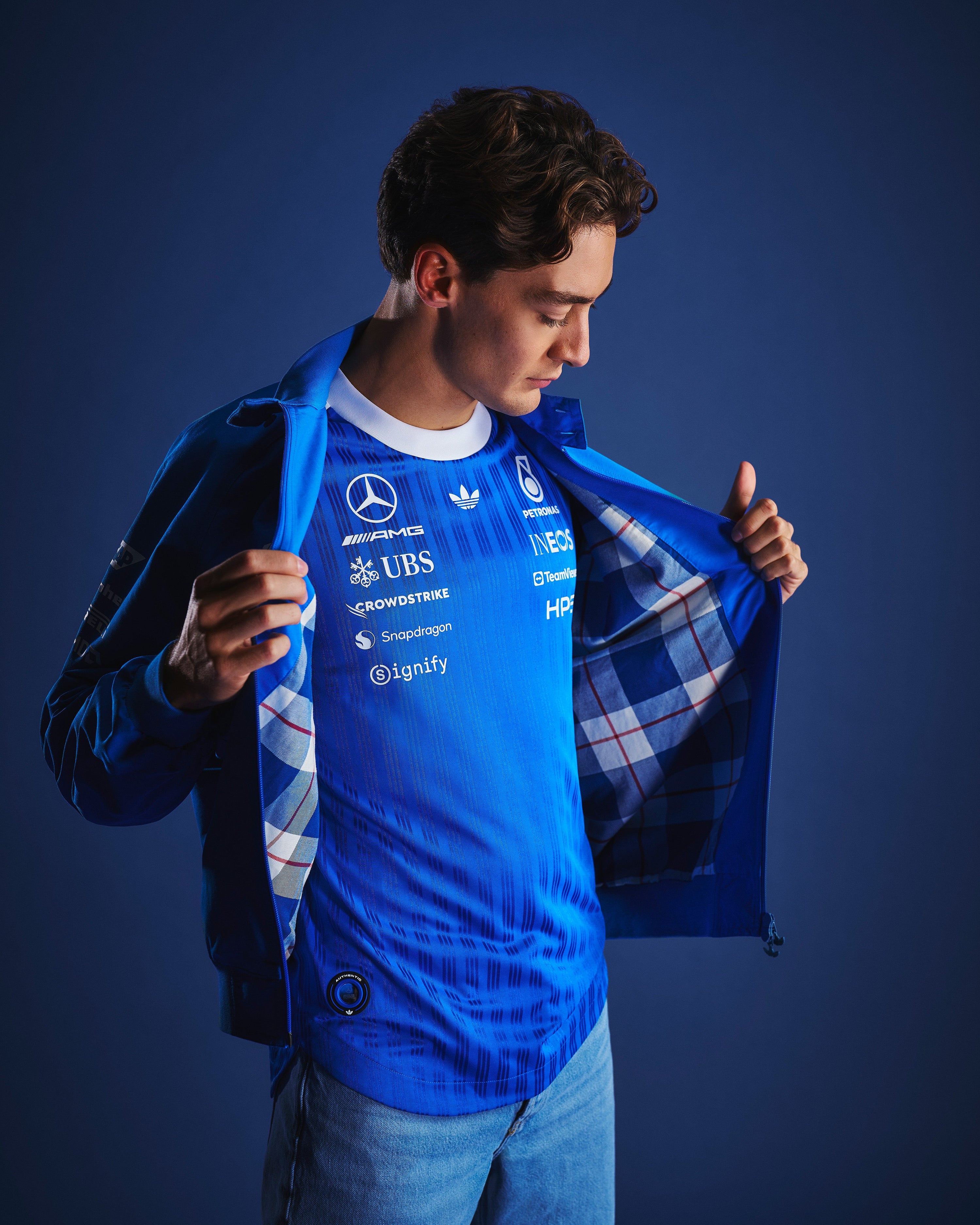 Mens 2026 Blue Wonder Team Harrington Jacket Blue — alternate product angle showing Mercedes-AMG PETRONAS F1 styling and product details | Dash Racegear