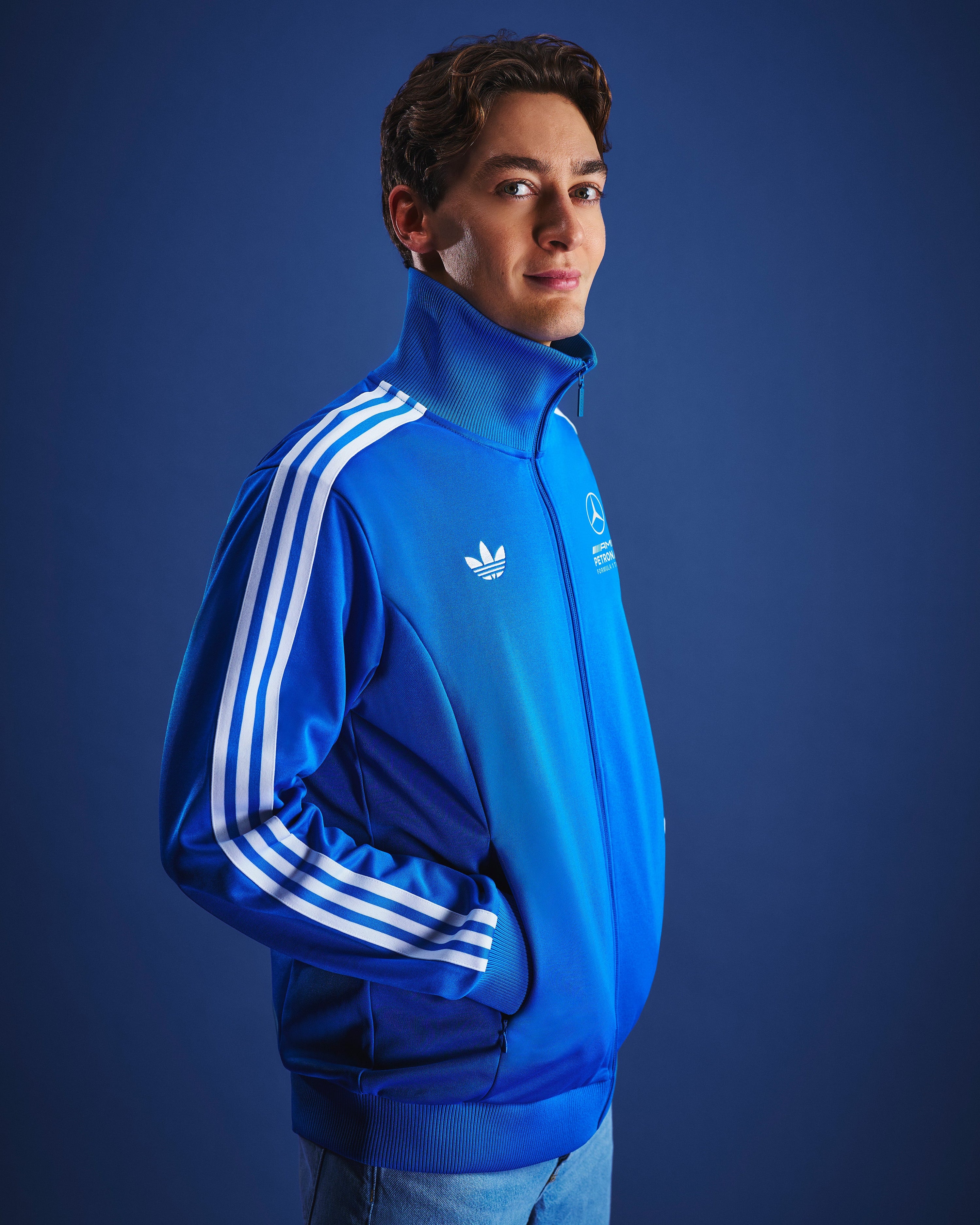 Mens Blue Wonder Track Top Blue — alternate product angle showing Mercedes-AMG PETRONAS F1 styling and product details | Dash Racegear