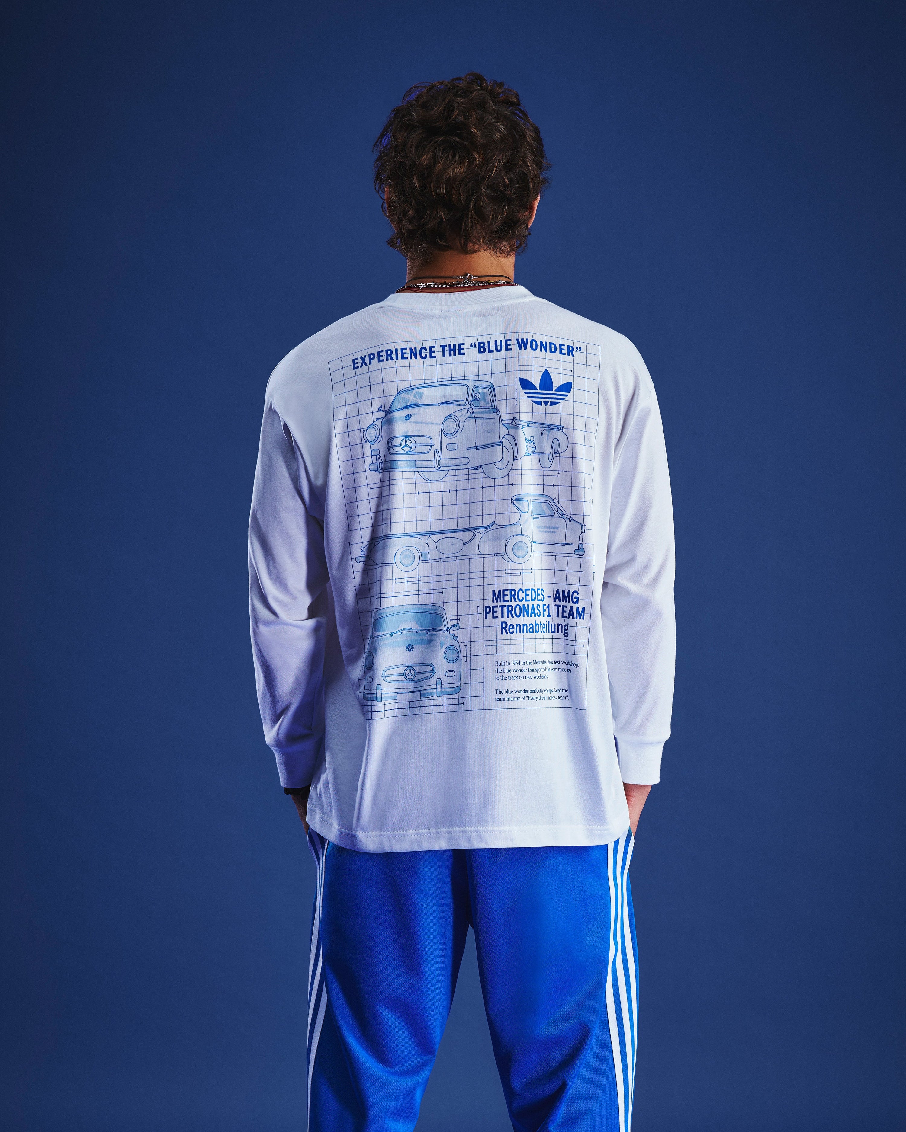 Mens Blue Wonder Longsleeve T-shirt White — alternate product angle showing Mercedes-AMG PETRONAS F1 styling and product details | Dash Racegear