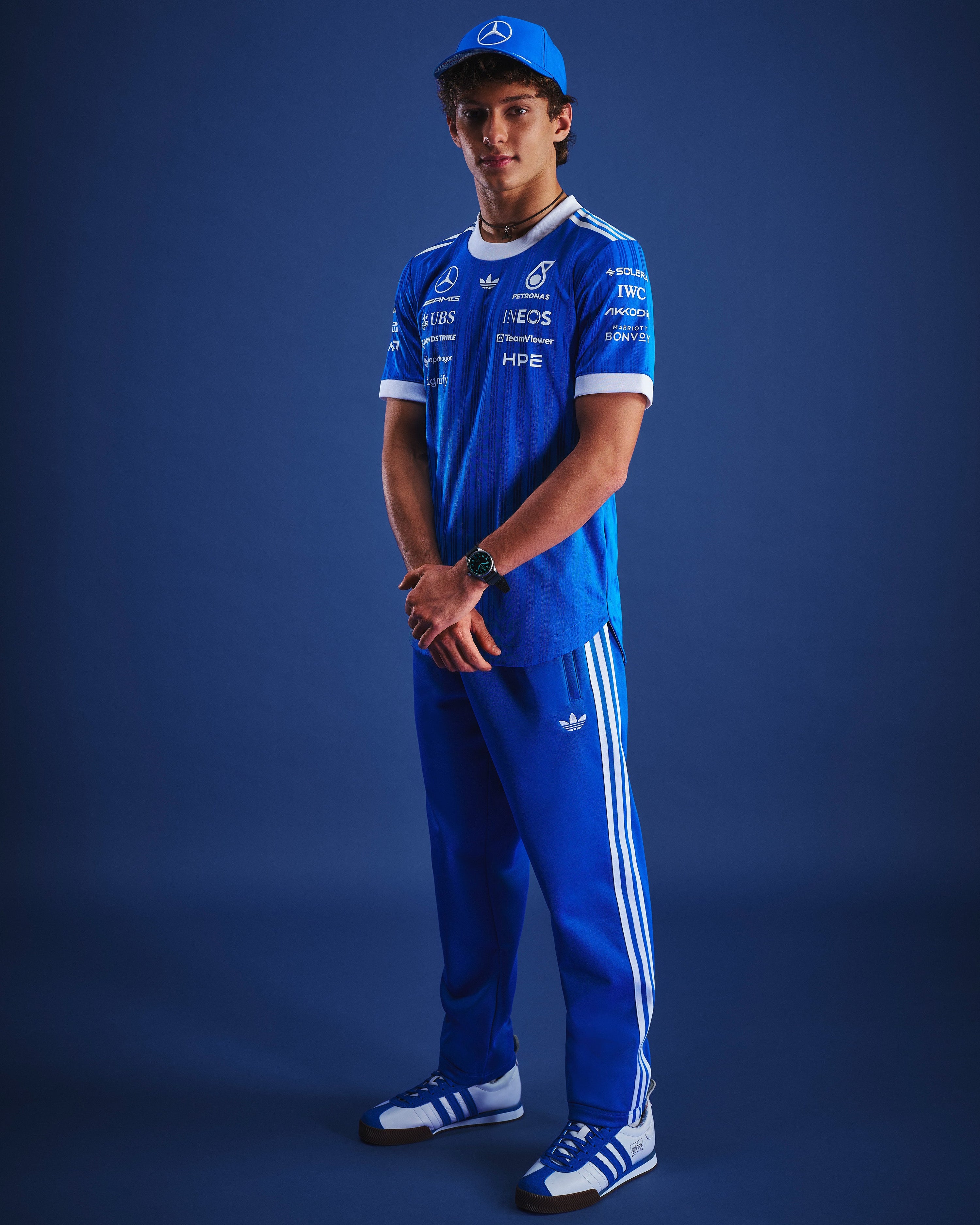 Mens Blue Wonder Track Pants Blue — alternate product angle showing Mercedes-AMG PETRONAS F1 styling and product details | Dash Racegear