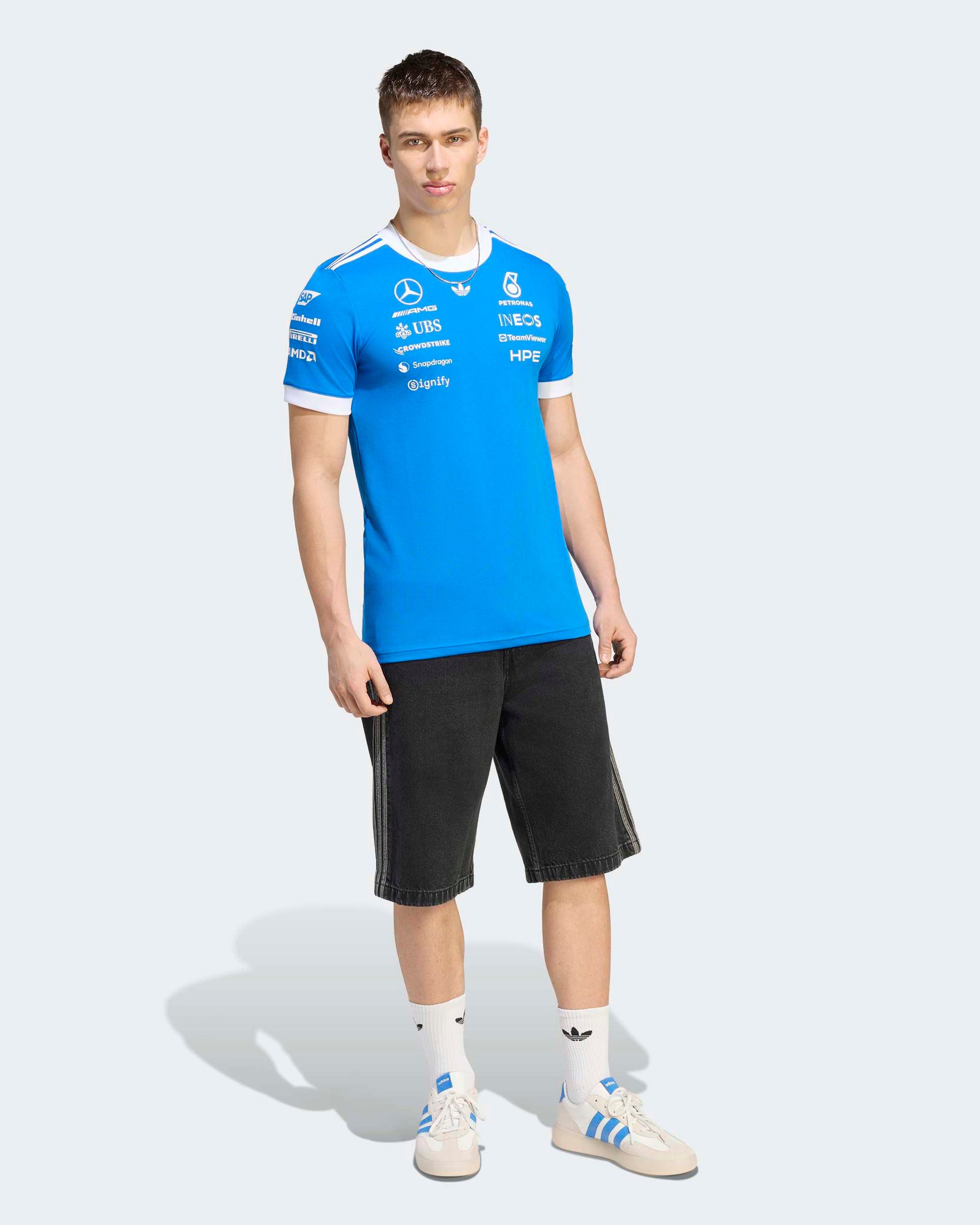 Mens 2026 Blue Wonder Team Driver Tee Blue — close-up design detail showing Mercedes-AMG PETRONAS F1 styling and product details | Dash Racegear