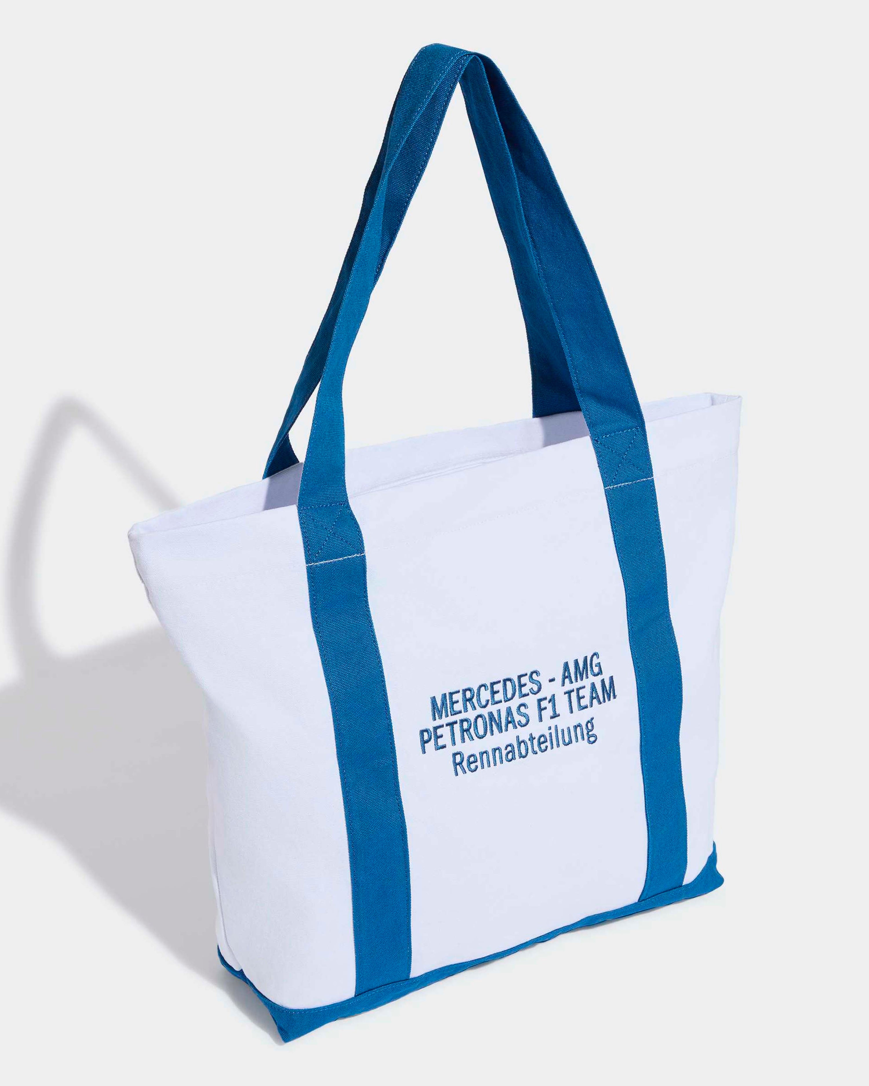 Blue Wonder Tote White — close-up design detail showing Mercedes-AMG PETRONAS F1 styling and product details | Dash Racegear