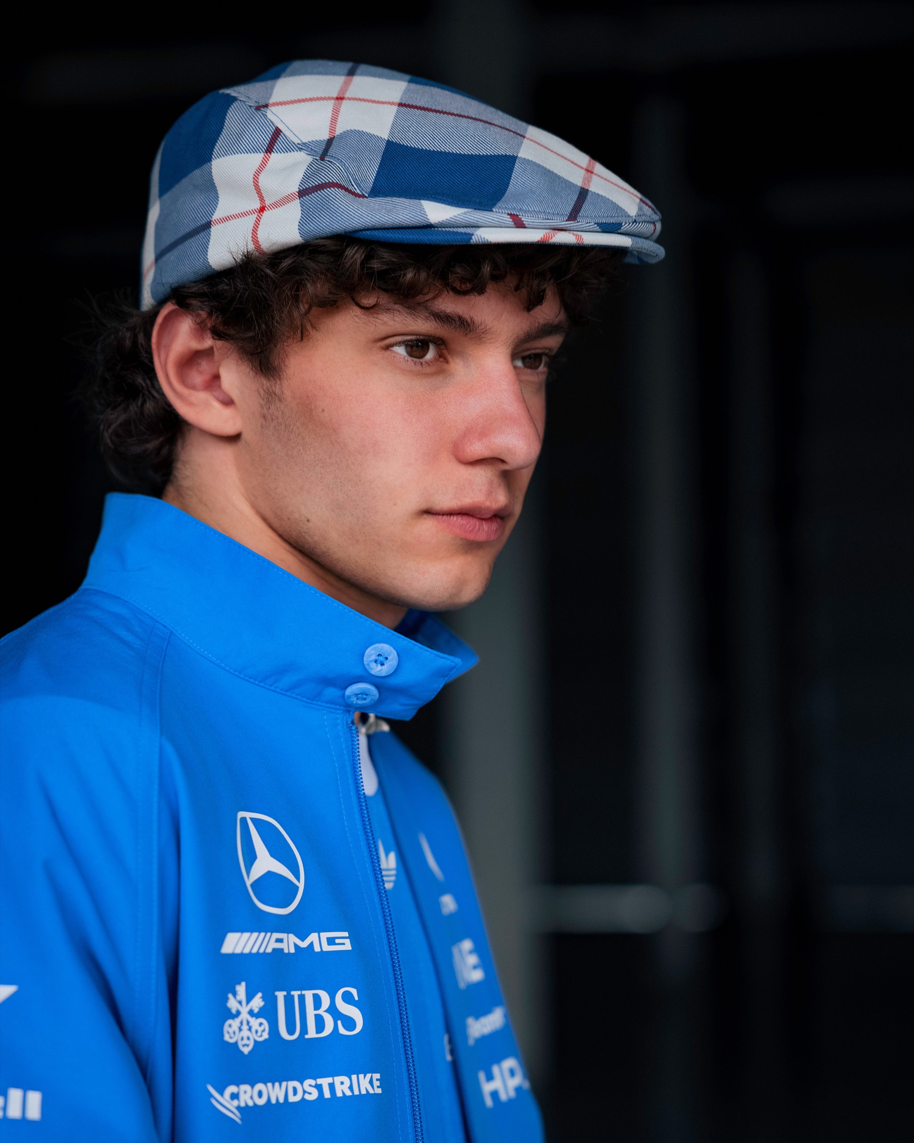 Blue Wonder Flat Cap Blue — close-up design detail showing Mercedes-AMG PETRONAS F1 styling and product details | Dash Racegear