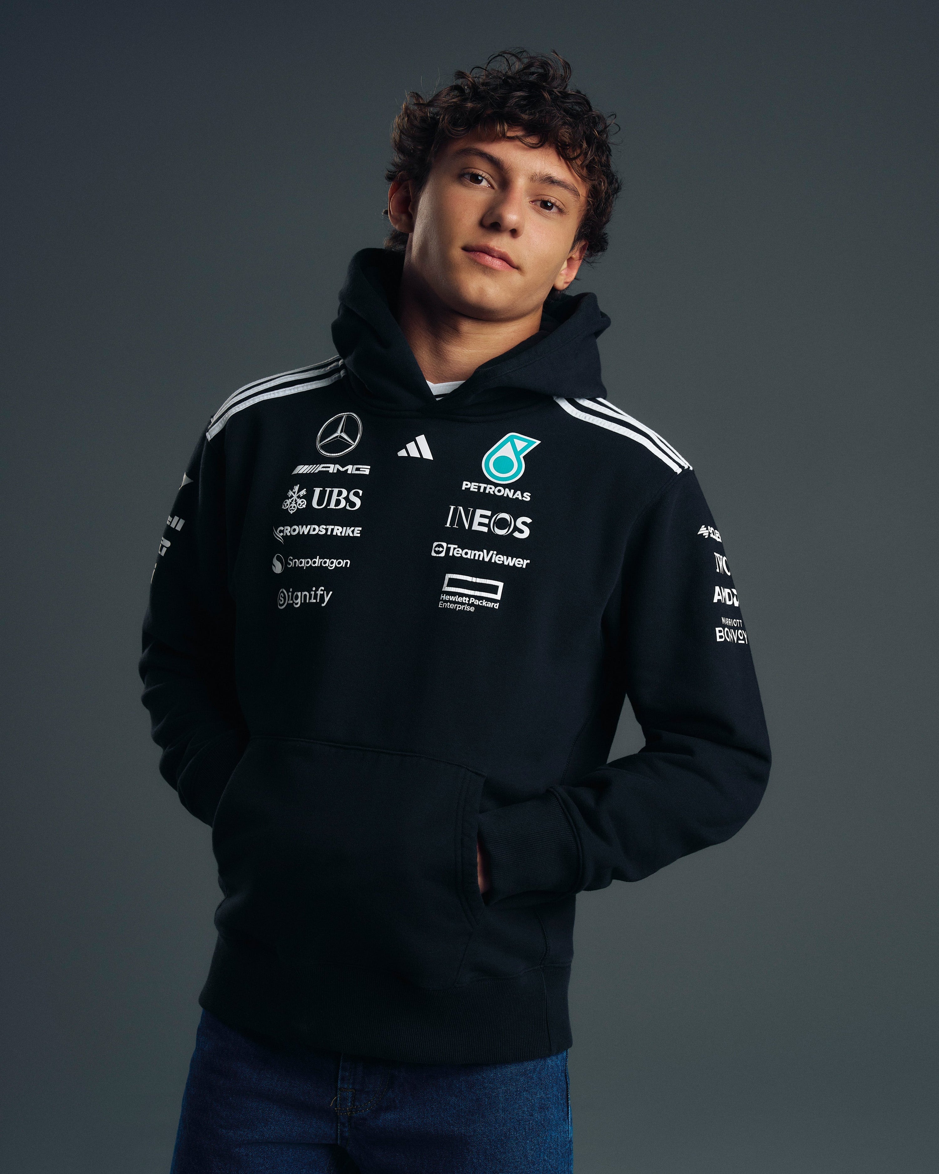 Mens 2025 Team Hoody Black — primary product view showing Mercedes-AMG PETRONAS F1 styling and product details | Dash Racegear