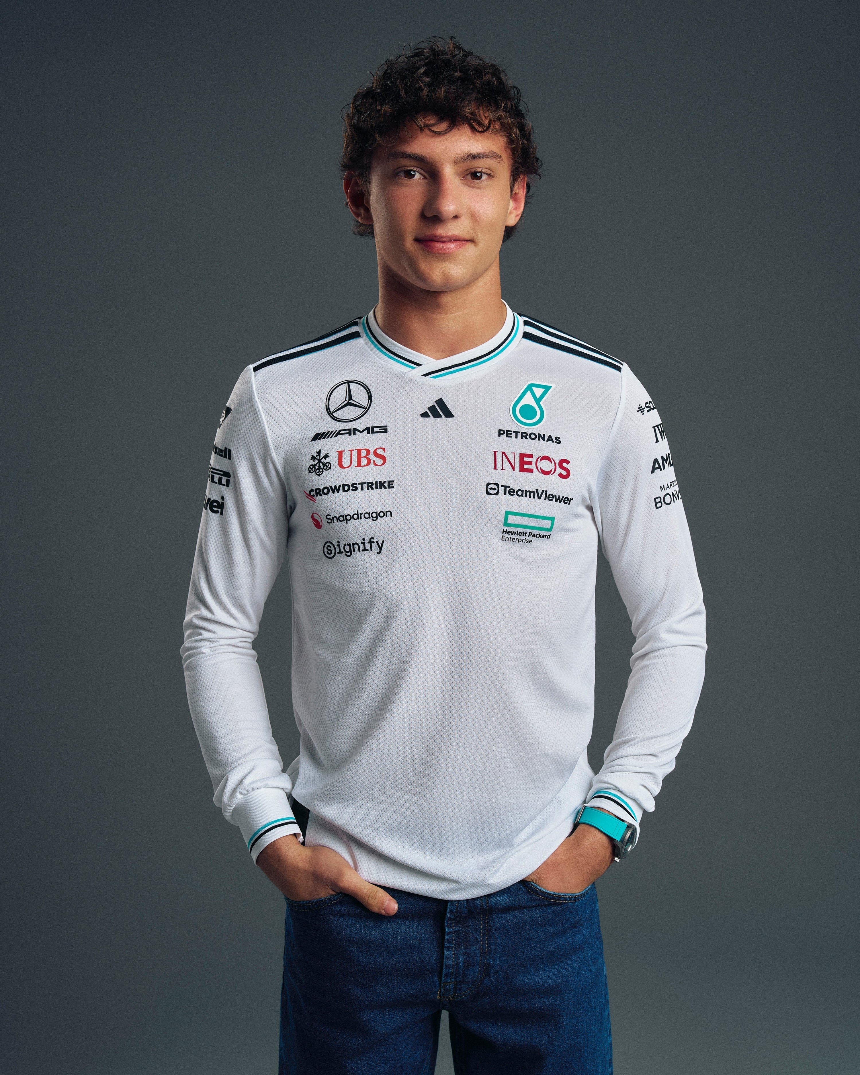 Mens 2025 Authentic Long Sleeve Driver Tee White — primary product view showing Mercedes-AMG PETRONAS F1 styling and product details | Dash Racegear