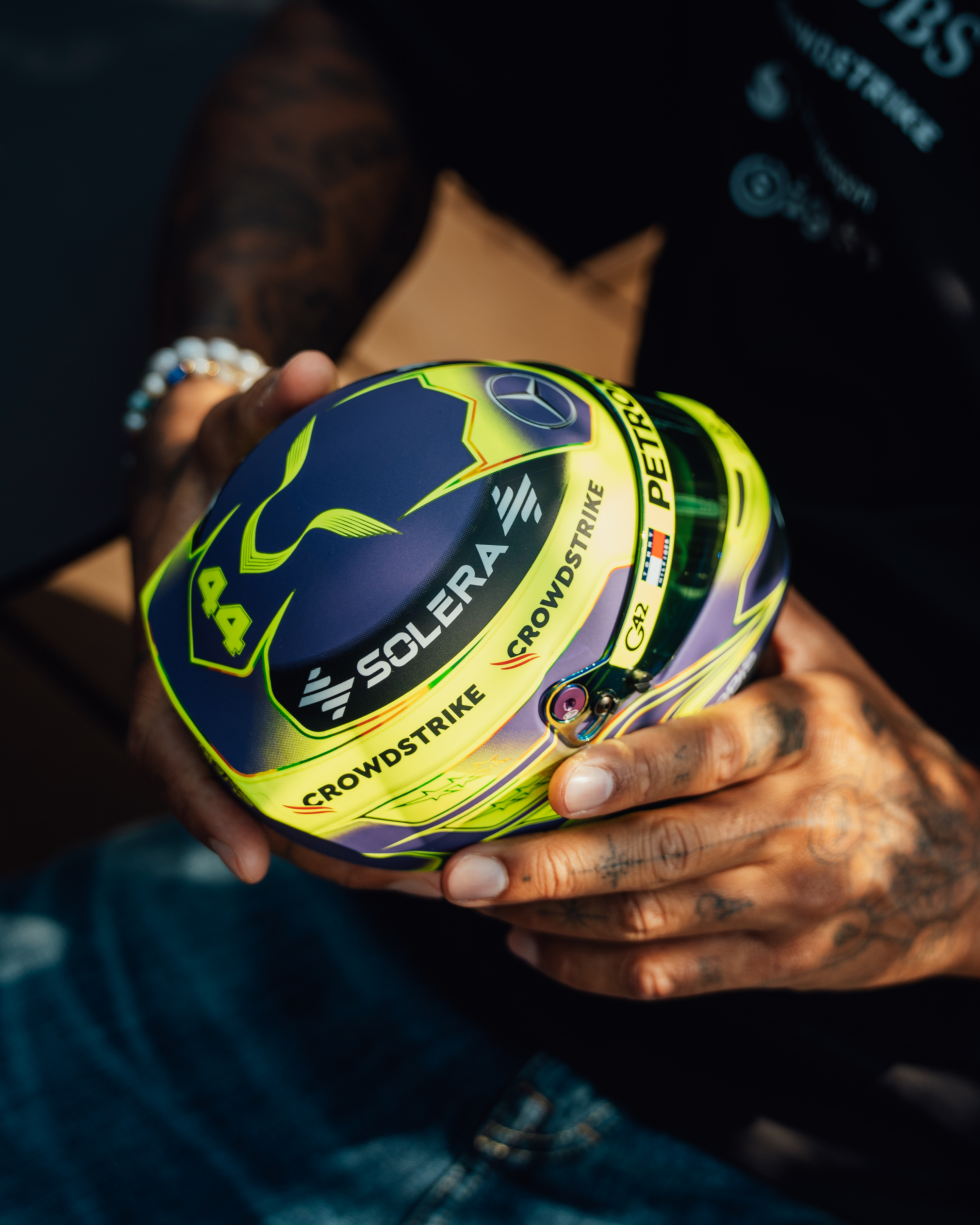 Lewis Hamilton 2024 Mini Bell Helmet Replica 1:2 — close-up design detail showing Mercedes-AMG PETRONAS F1 styling and product details | Dash Racegear