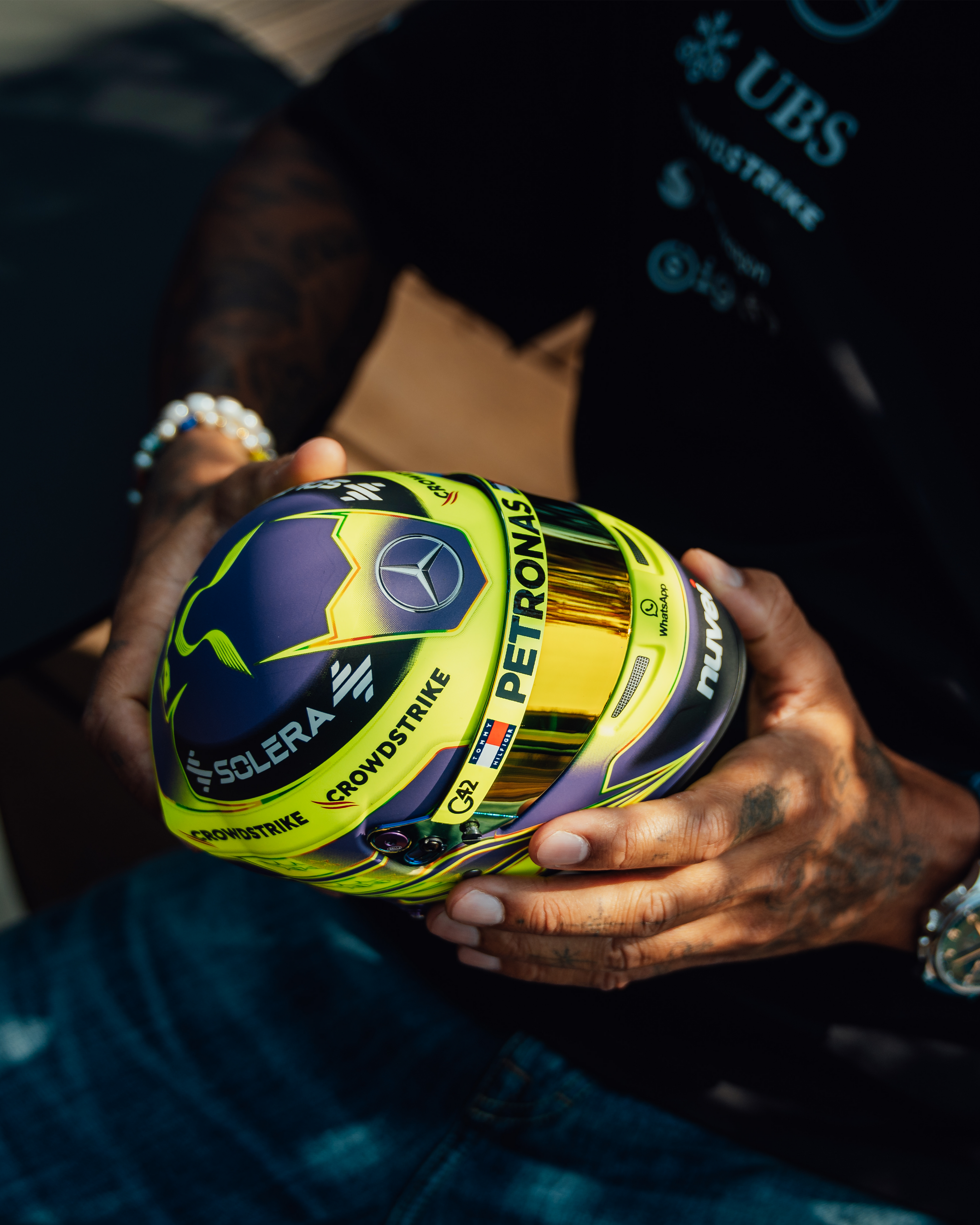 Lewis Hamilton 2024 Mini Bell Helmet Replica 1:2 — alternate product angle showing Mercedes-AMG PETRONAS F1 styling and product details | Dash Racegear