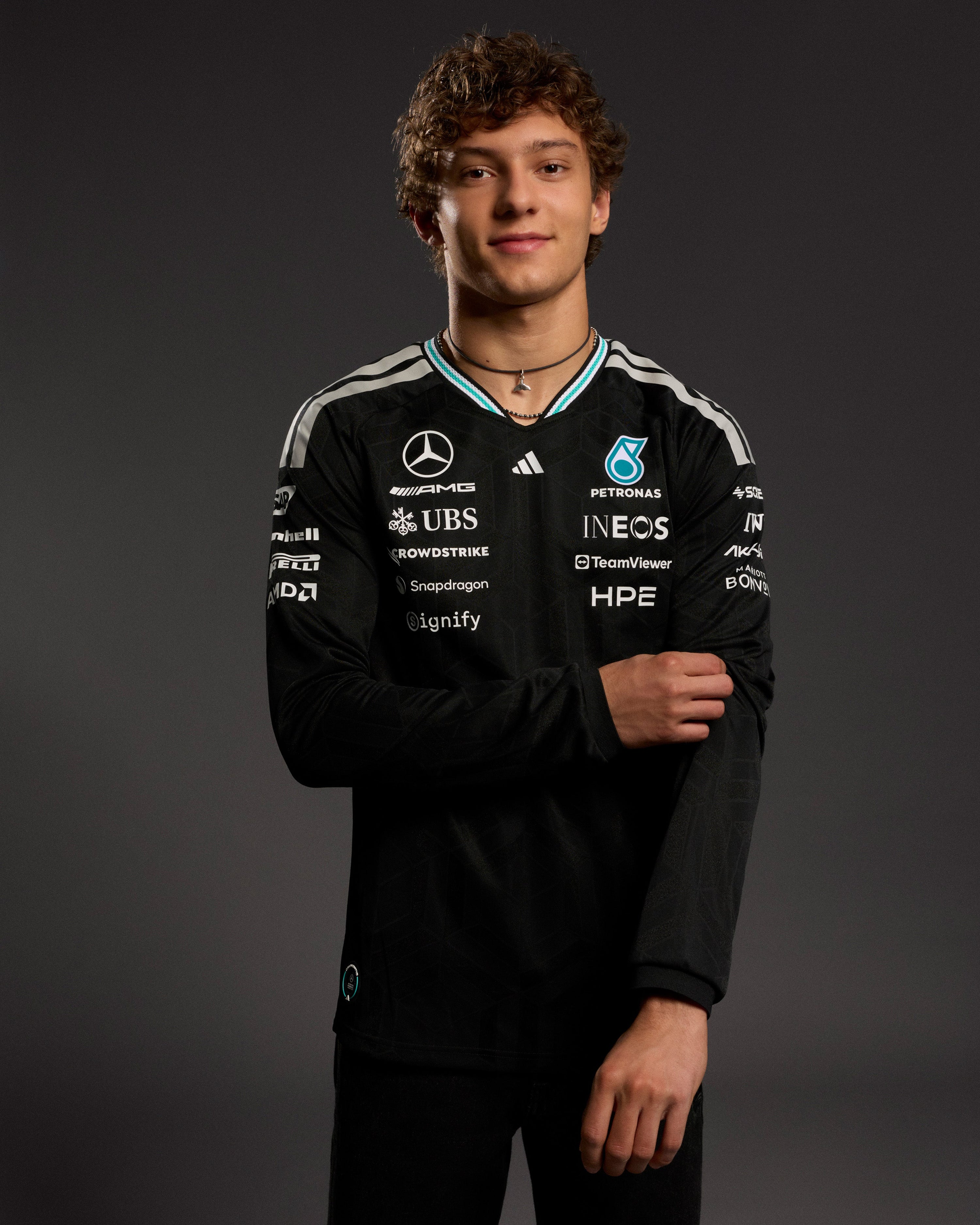 Mens 2026 Authentic Long-Sleeve Driver Tee Black — primary product view showing Mercedes-AMG PETRONAS F1 styling and product details | Dash Racegear
