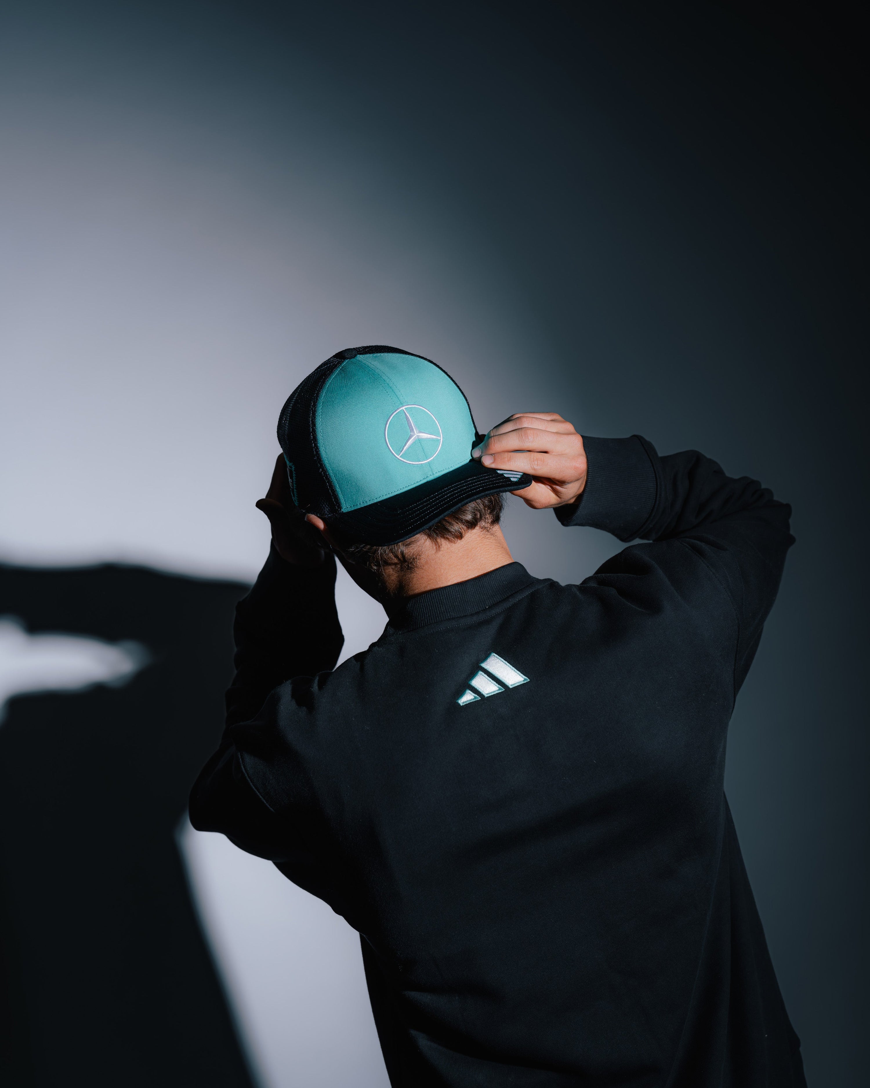 Las Vegas Trucker Cap Teal — alternate product angle showing Mercedes-AMG PETRONAS F1 styling and product details | Dash Racegear