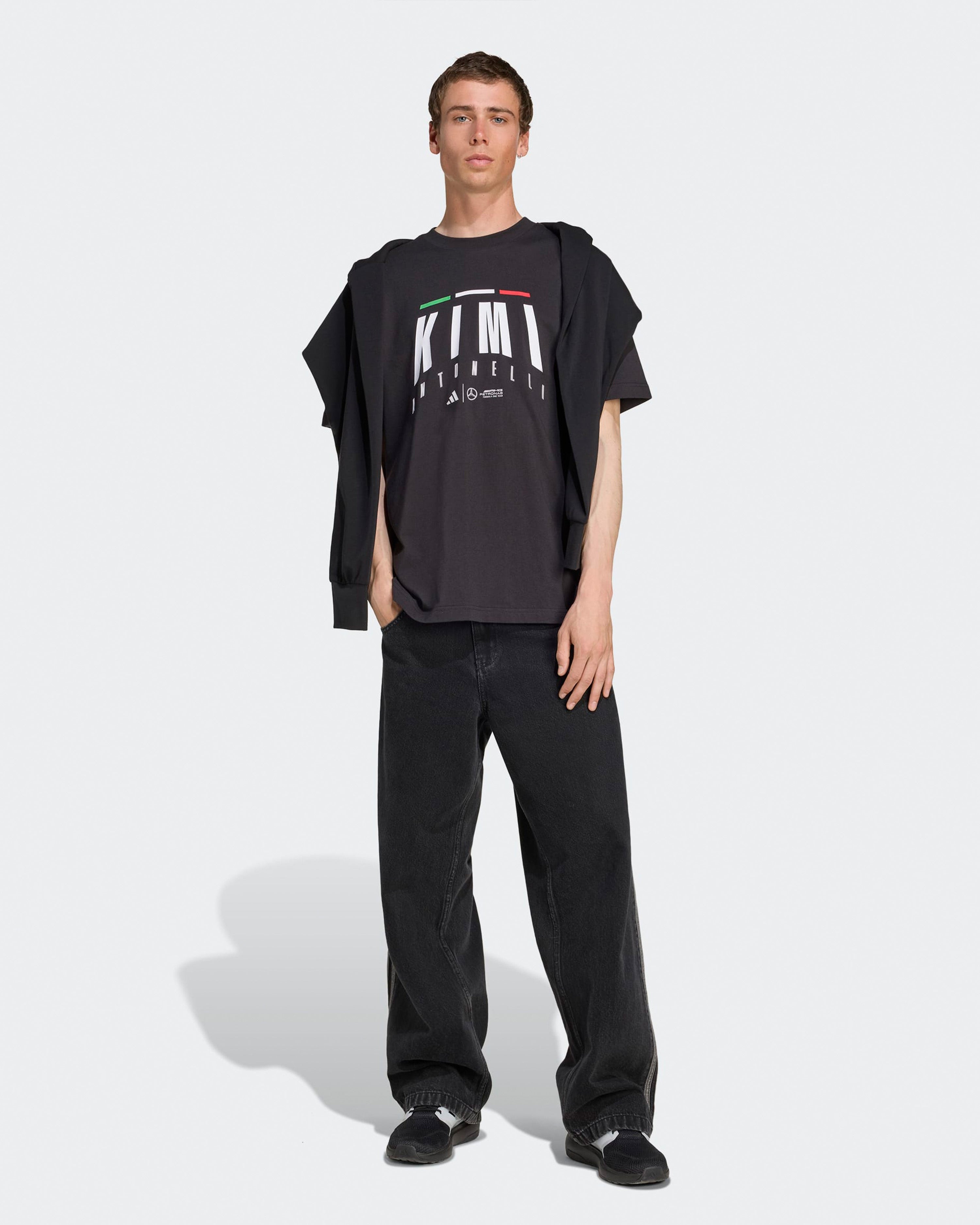 Mens Kimi Antonelli T-shirt Black — close-up design detail showing Mercedes-AMG PETRONAS F1 styling and product details | Dash Racegear