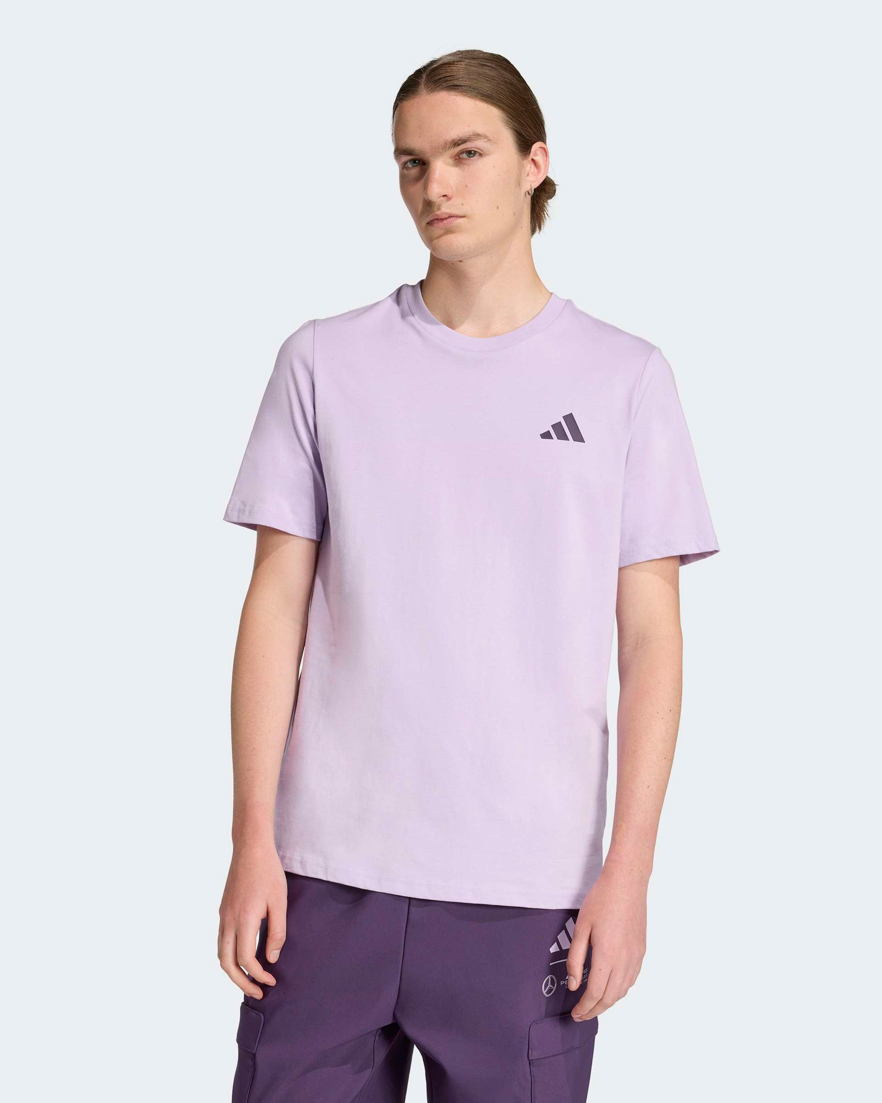 Mens Premium Woven Graphic T-shirt Purple — primary product view showing Mercedes-AMG PETRONAS F1 styling and product details | Dash Racegear