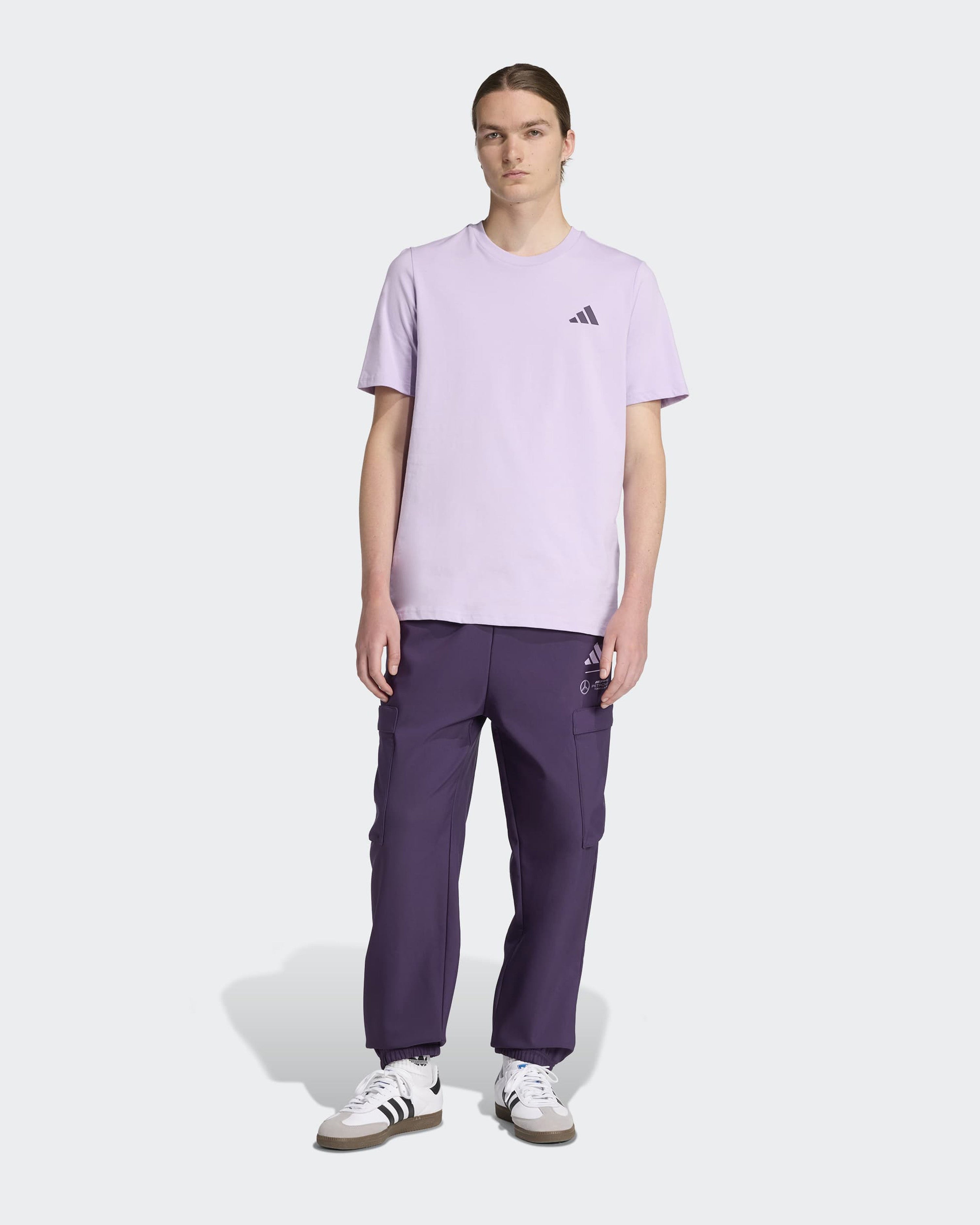 Mens Premium Woven Graphic T-shirt Purple — close-up design detail showing Mercedes-AMG PETRONAS F1 styling and product details | Dash Racegear