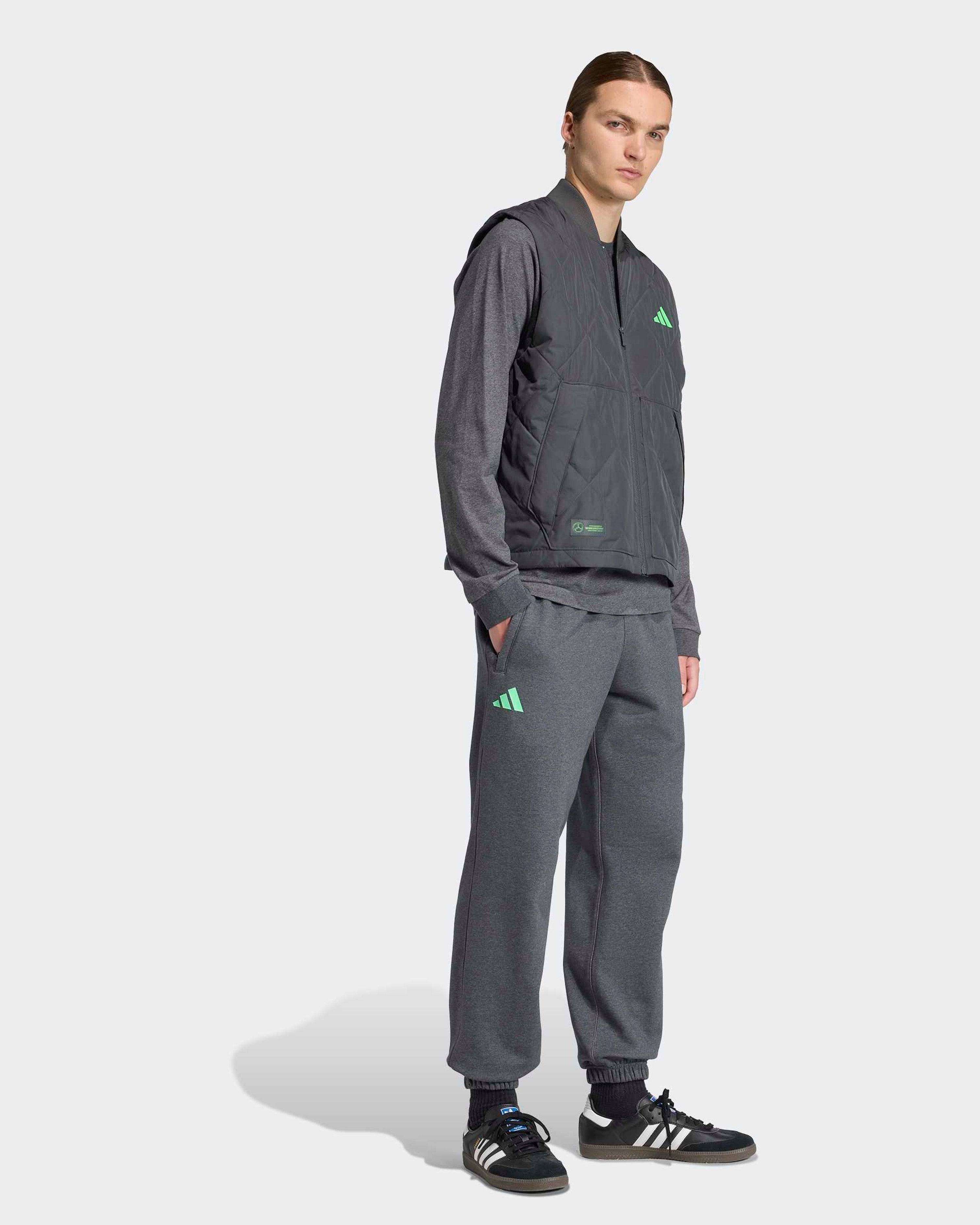 Mens Premium Sweat Vest Grey — close-up design detail showing Mercedes-AMG PETRONAS F1 styling and product details | Dash Racegear