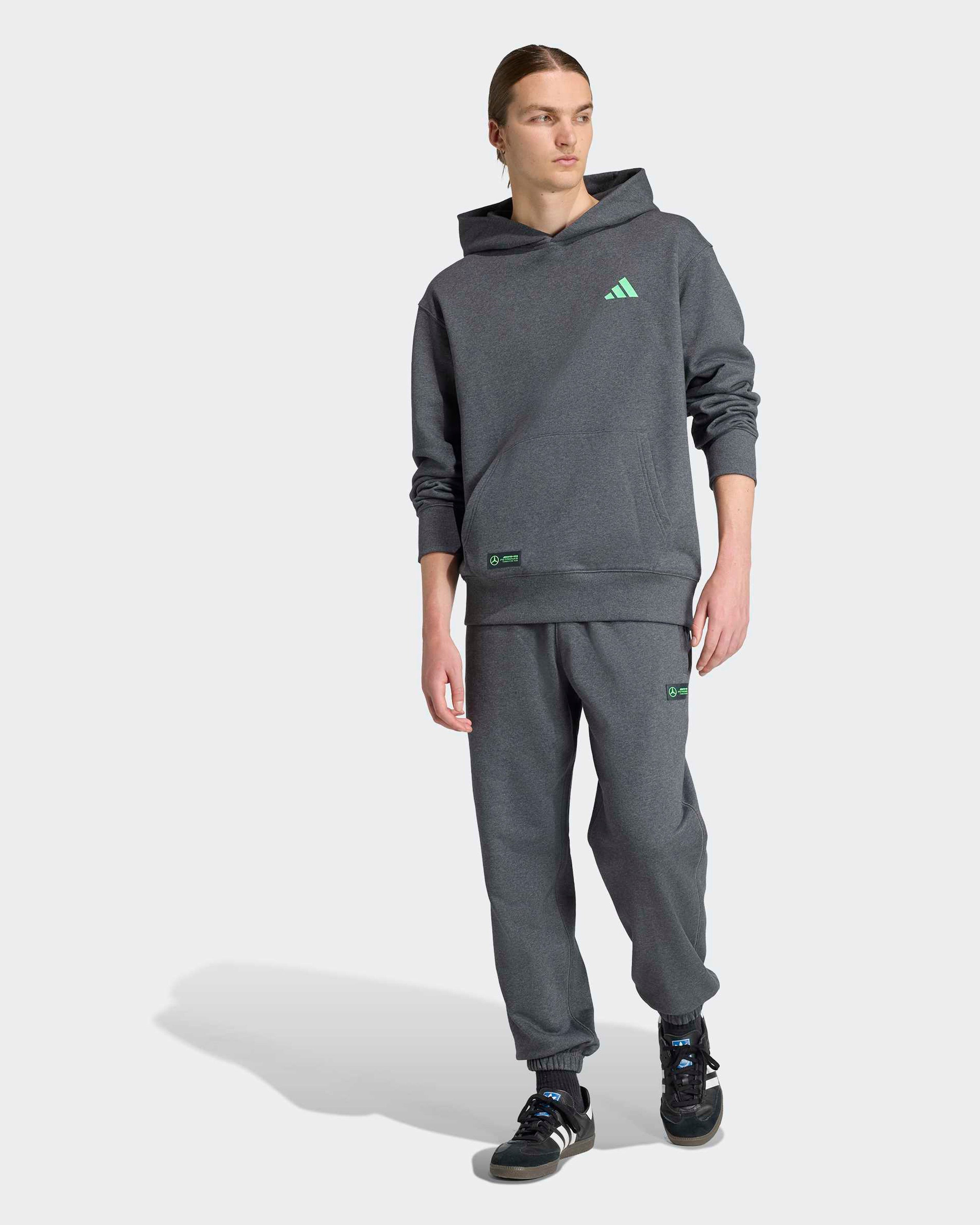 Mens Premium Sweat Hoody Grey — close-up design detail showing Mercedes-AMG PETRONAS F1 styling and product details | Dash Racegear