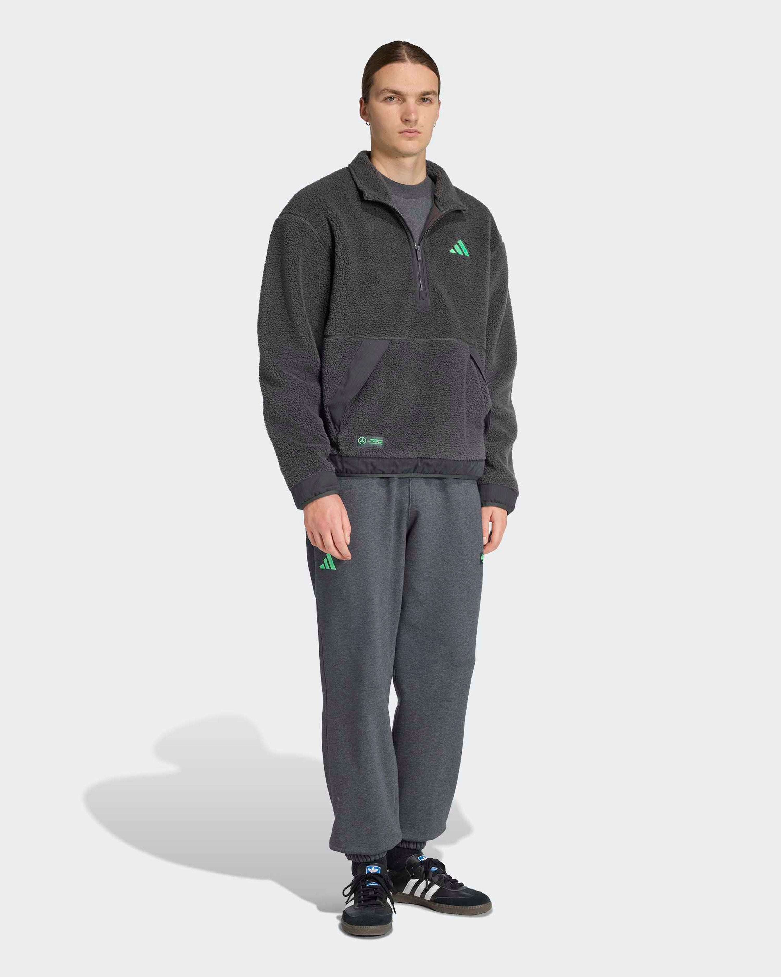 Mens Premium Sweat Quarter Zip Fleece Grey — close-up design detail showing Mercedes-AMG PETRONAS F1 styling and product details | Dash Racegear