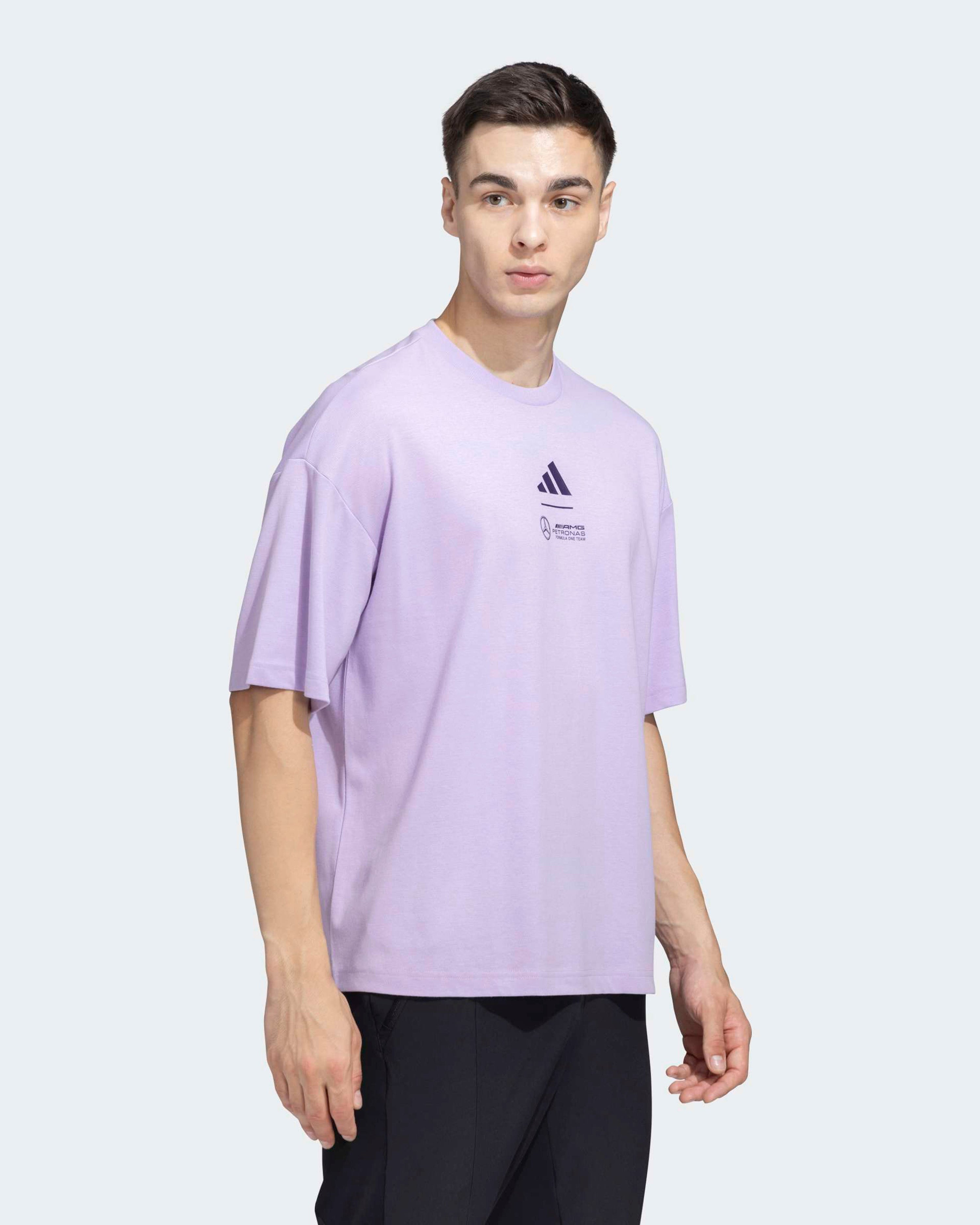 Mens Premium Woven T-shirt Purple — close-up design detail showing Mercedes-AMG PETRONAS F1 styling and product details | Dash Racegear