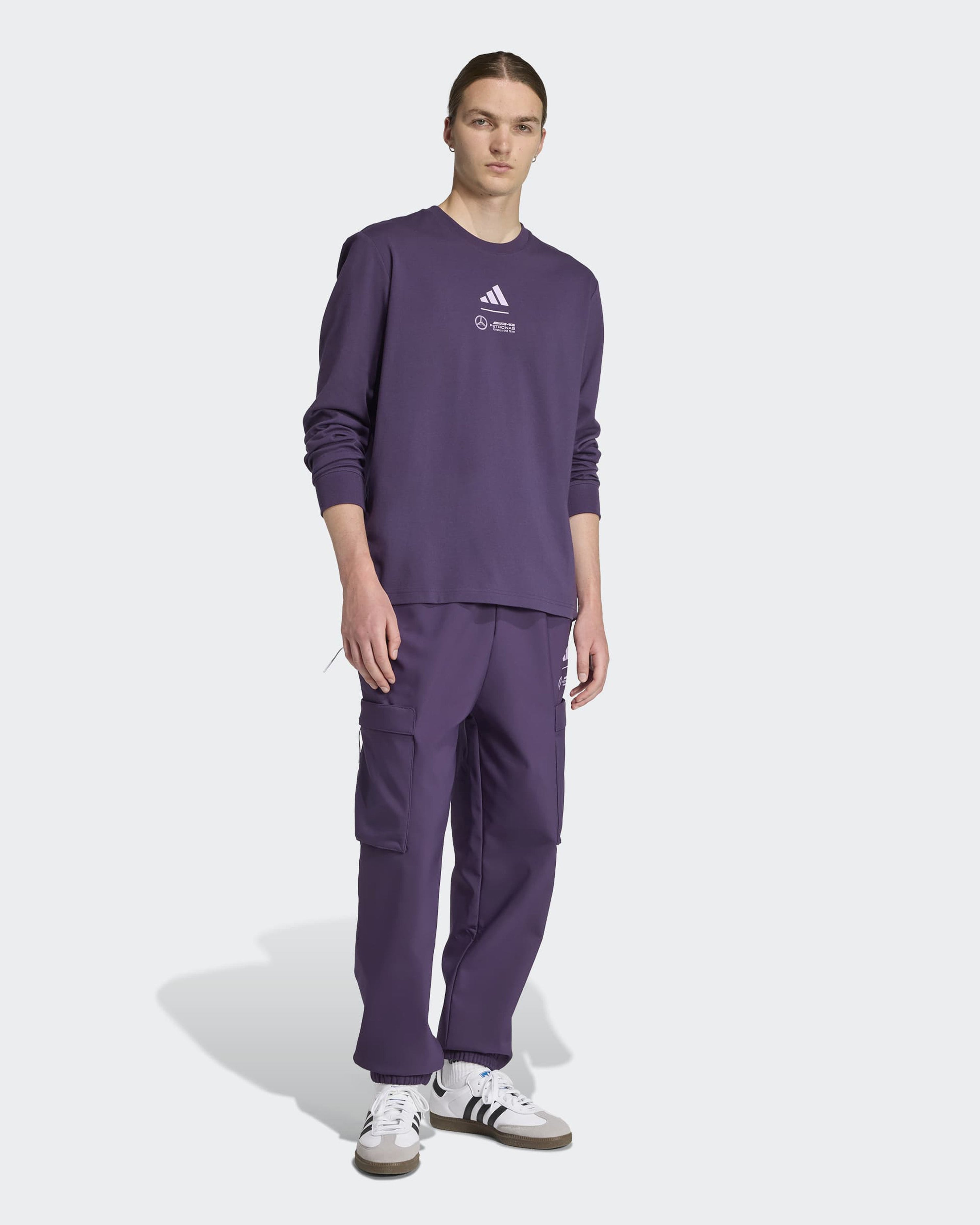 Mens Premium Woven Long Sleeve T-shirt Dark Purple — close-up design detail showing Mercedes-AMG PETRONAS F1 styling and product details | Dash Racegear