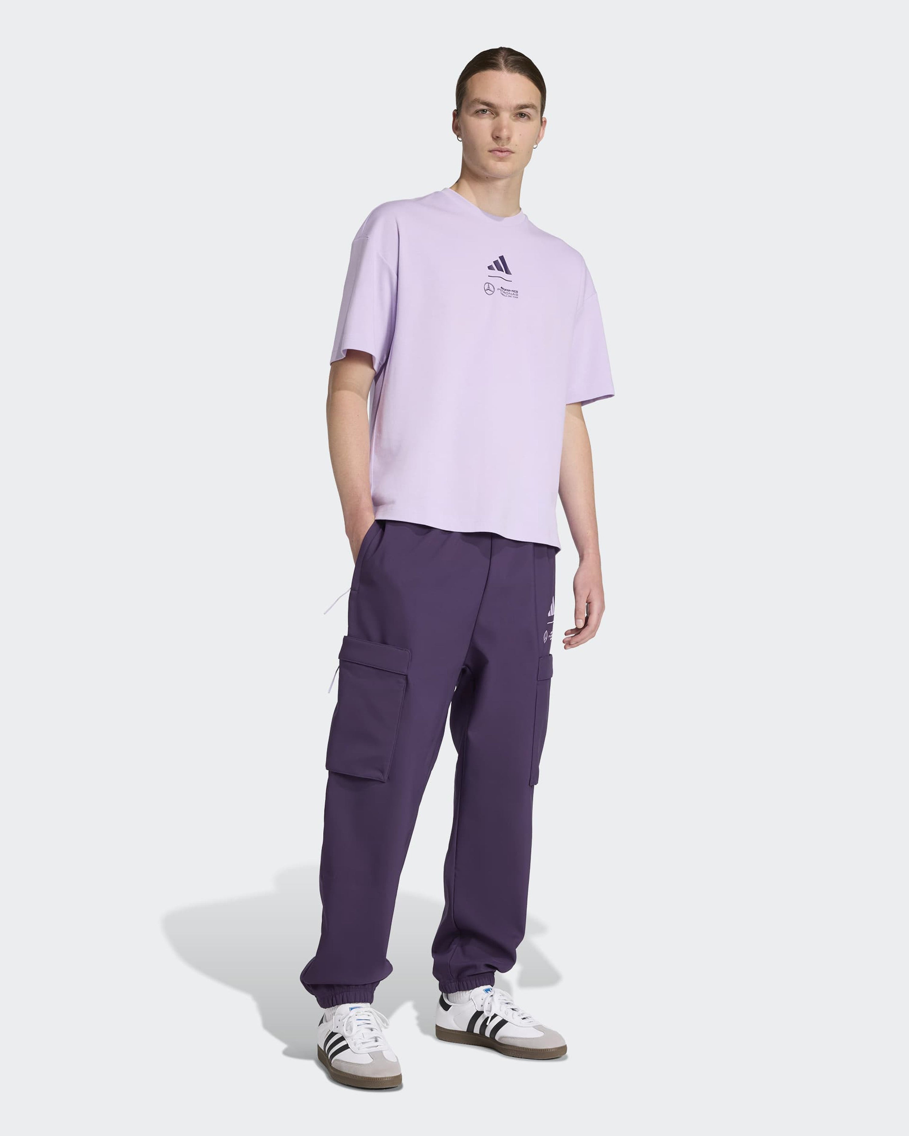 Mens Premium Woven Joggers Dark Purple — close-up design detail showing Mercedes-AMG PETRONAS F1 styling and product details | Dash Racegear
