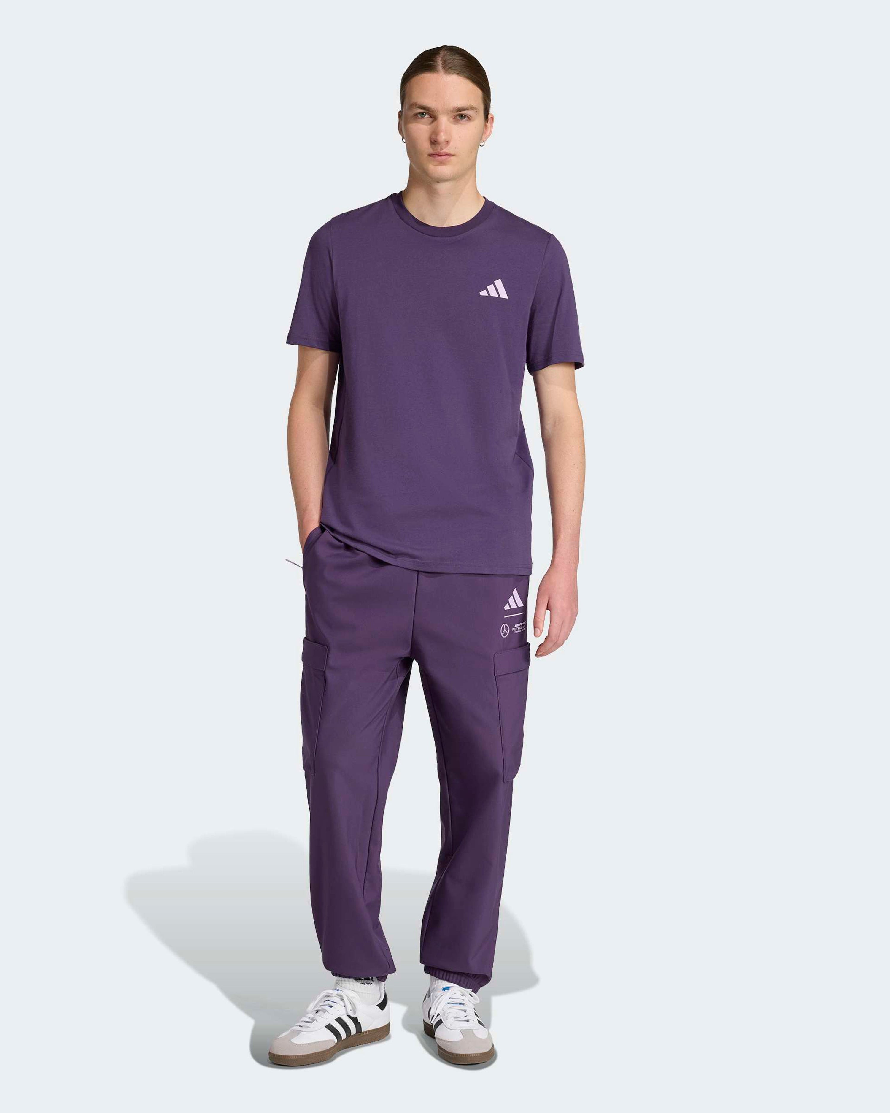Mens Premium Woven Graphic T-shirt Dark Purple — close-up design detail showing Mercedes-AMG PETRONAS F1 styling and product details | Dash Racegear