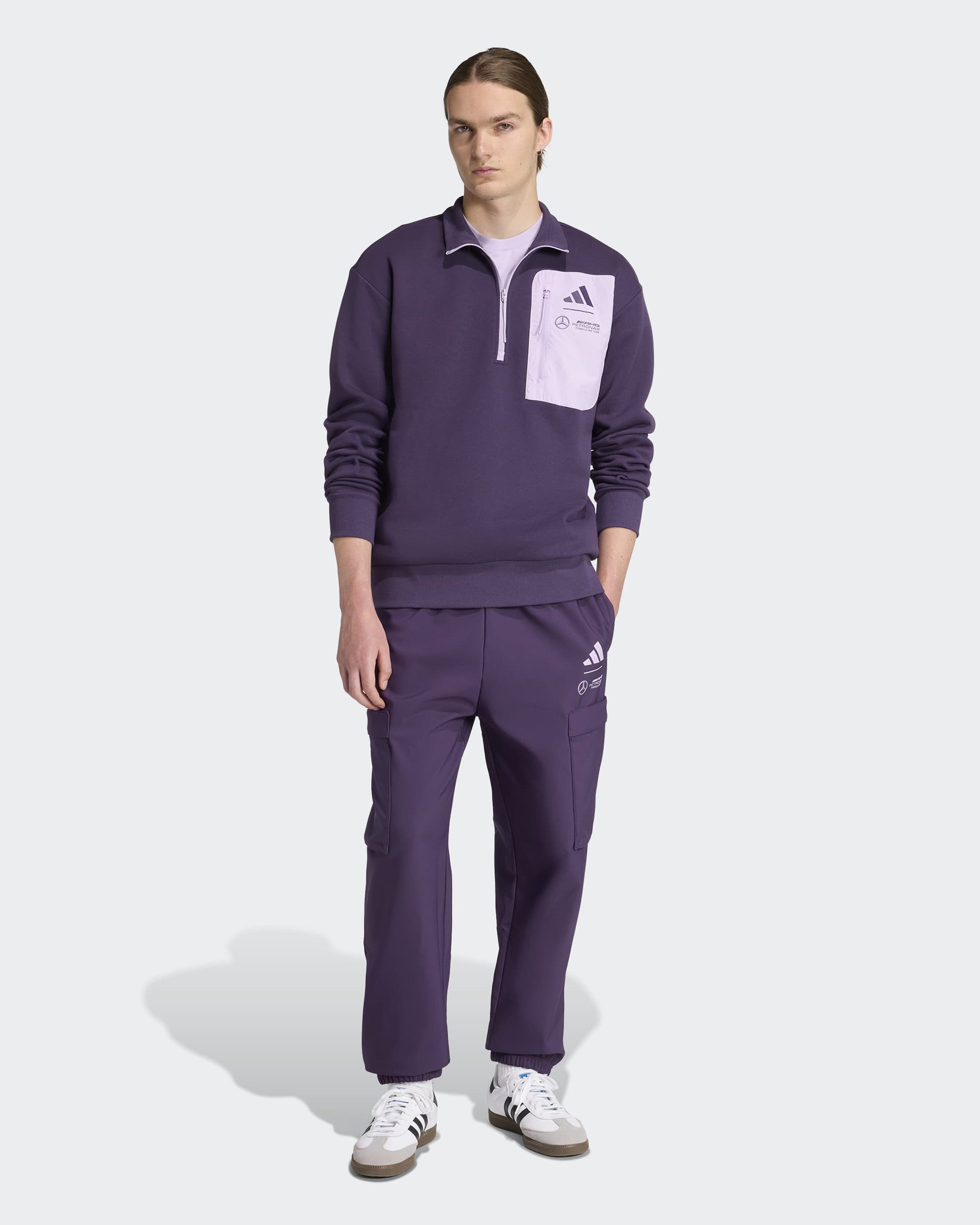 Mens Premium Woven Fleece Top Dark Purple — close-up design detail showing Mercedes-AMG PETRONAS F1 styling and product details | Dash Racegear