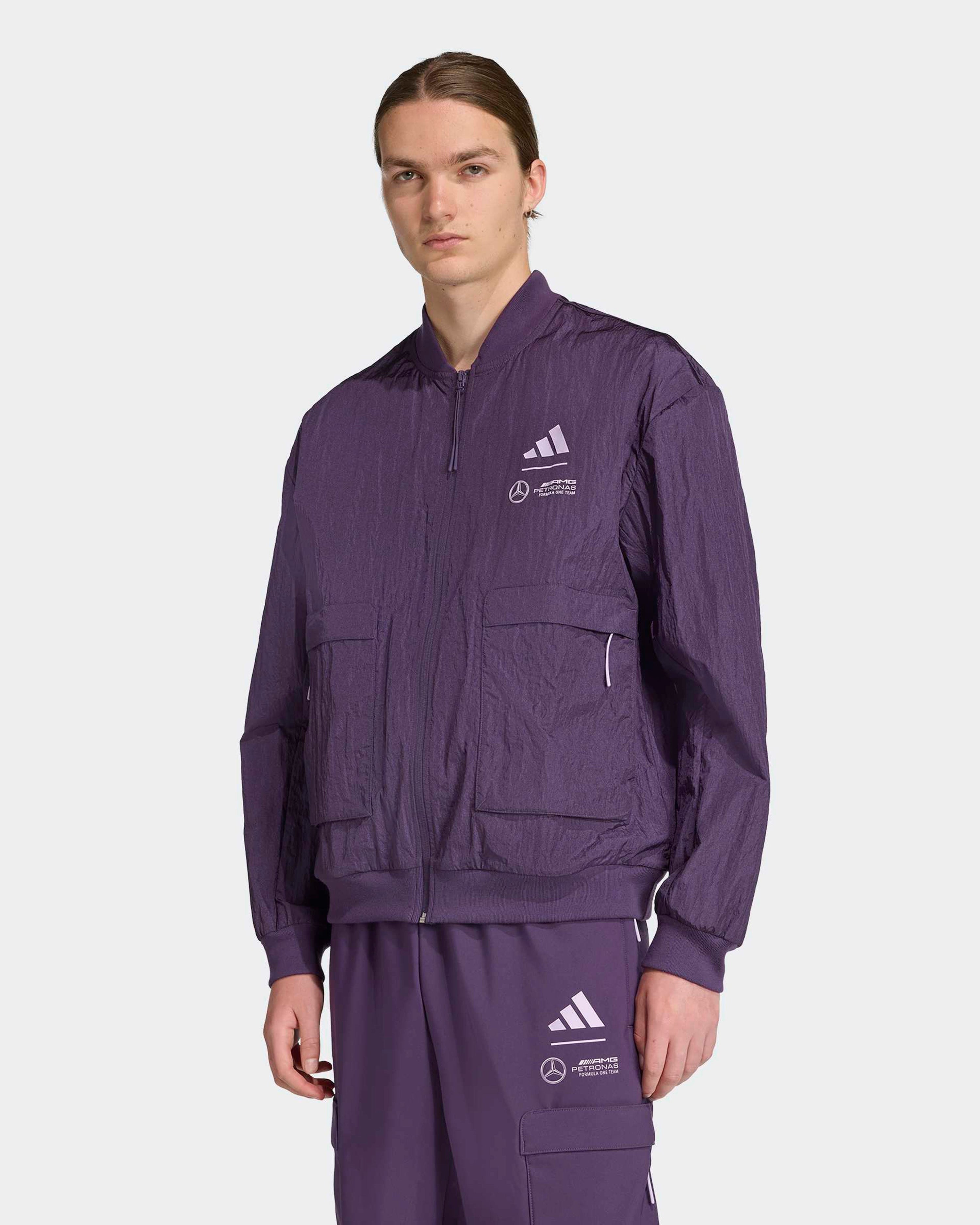 Mens Premium Woven Bomber Jacket Purple — primary product view showing Mercedes-AMG PETRONAS F1 styling and product details | Dash Racegear