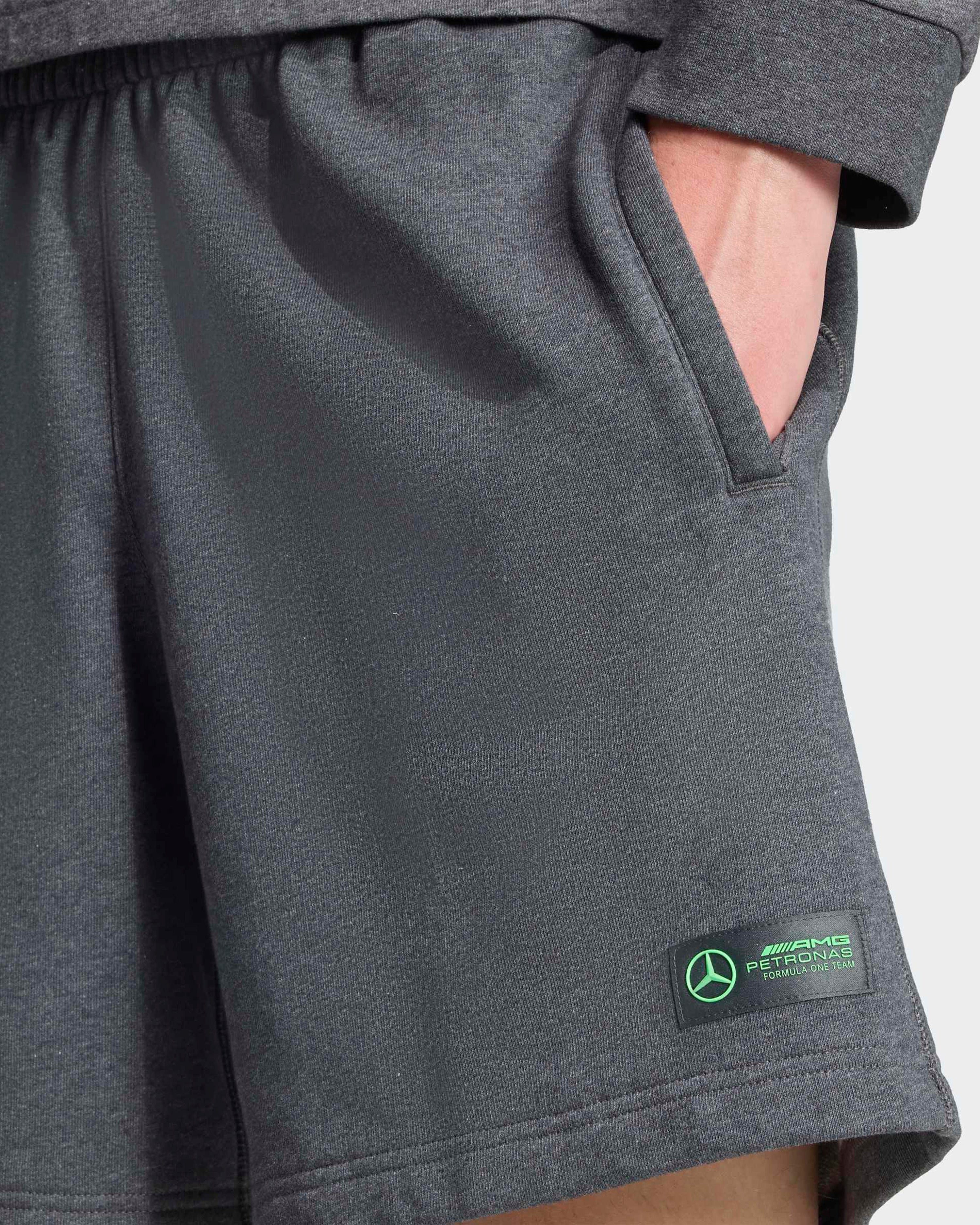 Mens Premium Sweat Shorts Grey — close-up design detail showing Mercedes-AMG PETRONAS F1 styling and product details | Dash Racegear