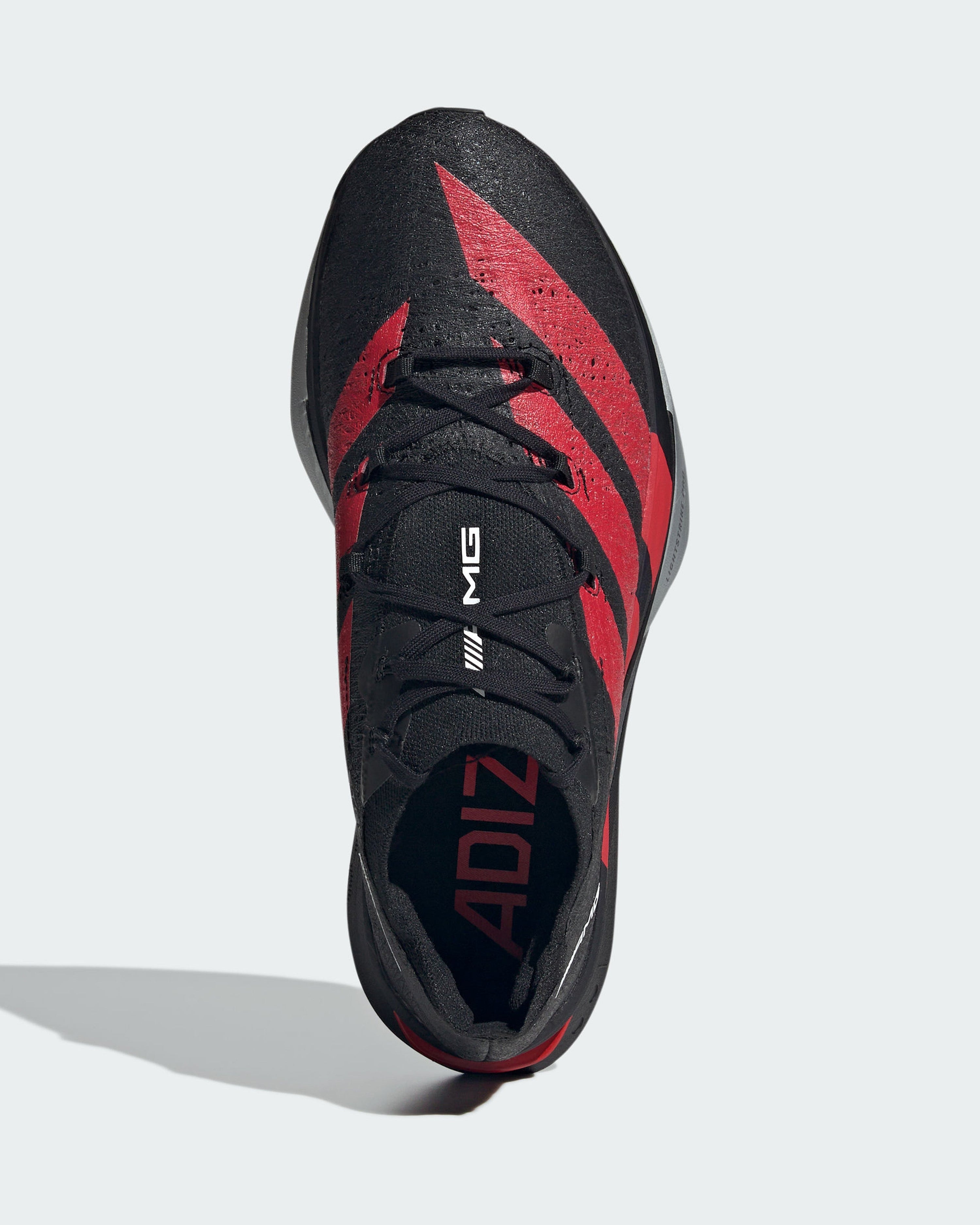Adizero AMG Prime x3 Strung Shoes Black — alternate product angle showing Mercedes-AMG PETRONAS F1 styling and product details | Dash Racegear