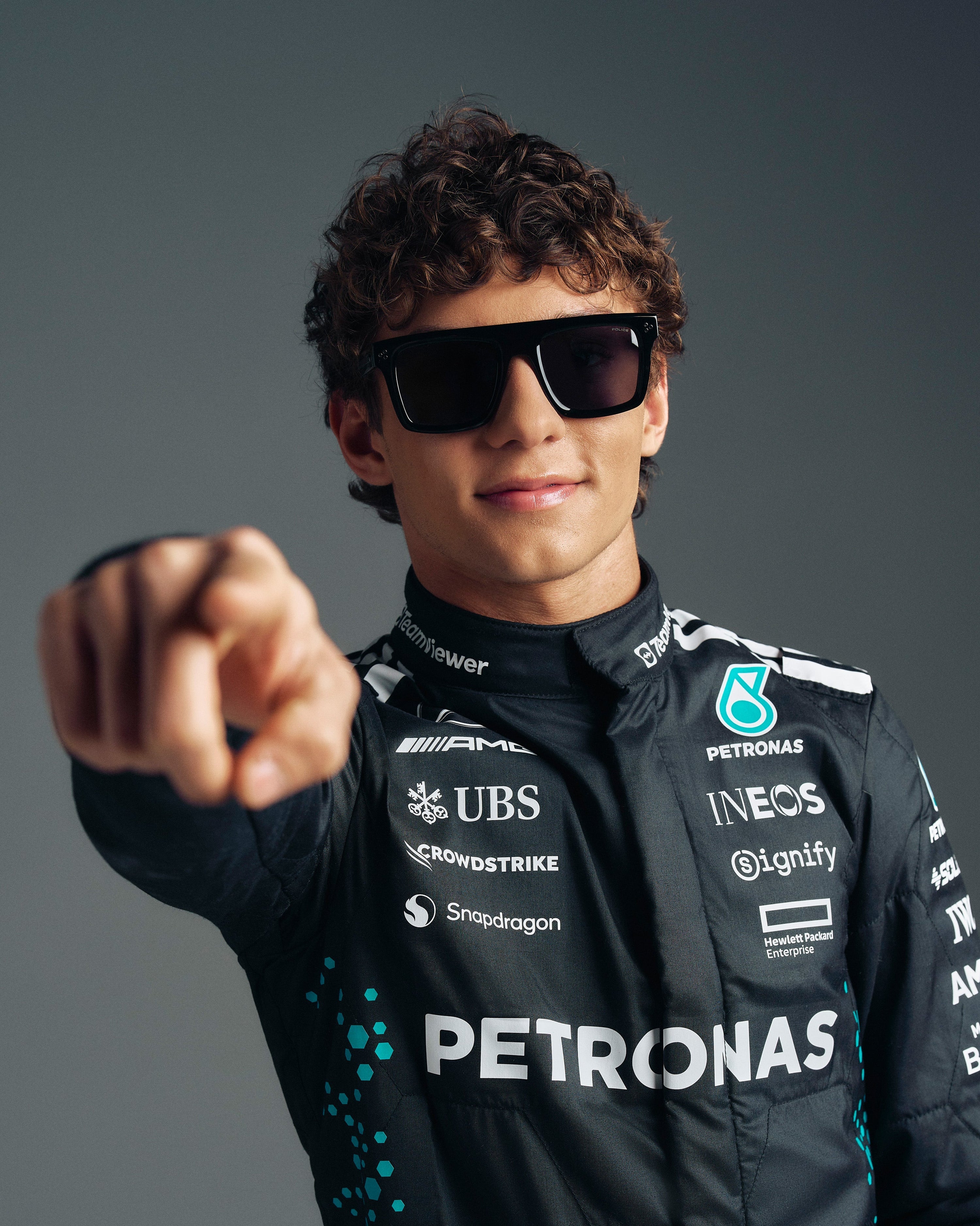 Police x Mercedes Sunglasses Police SPLR47M Black — close-up design detail showing Mercedes-AMG PETRONAS F1 styling and product details | Dash Racegear