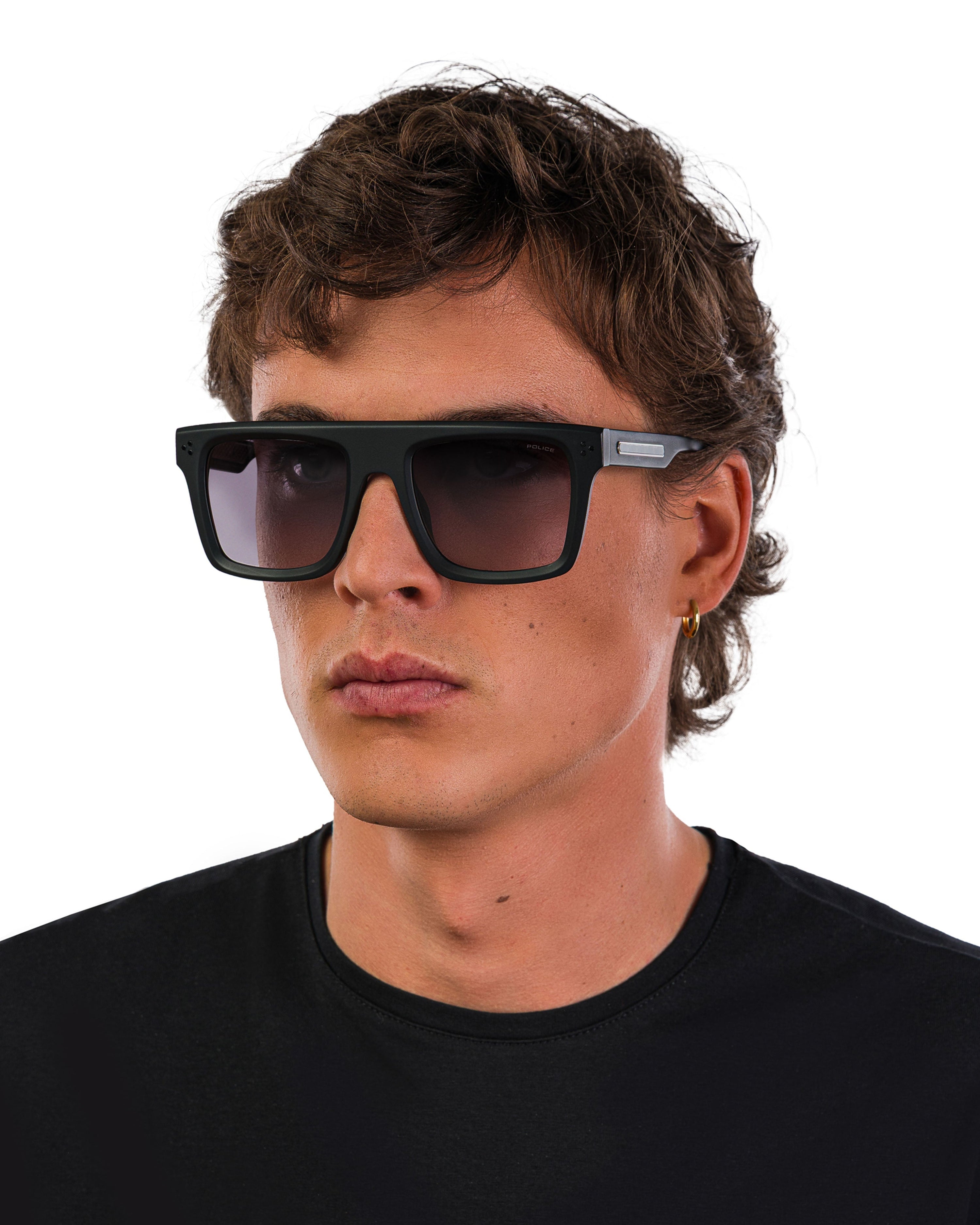 Police x Mercedes Sunglasses Police SPLR47M Matte Black — close-up design detail showing Mercedes-AMG PETRONAS F1 styling and product details | Dash Racegear