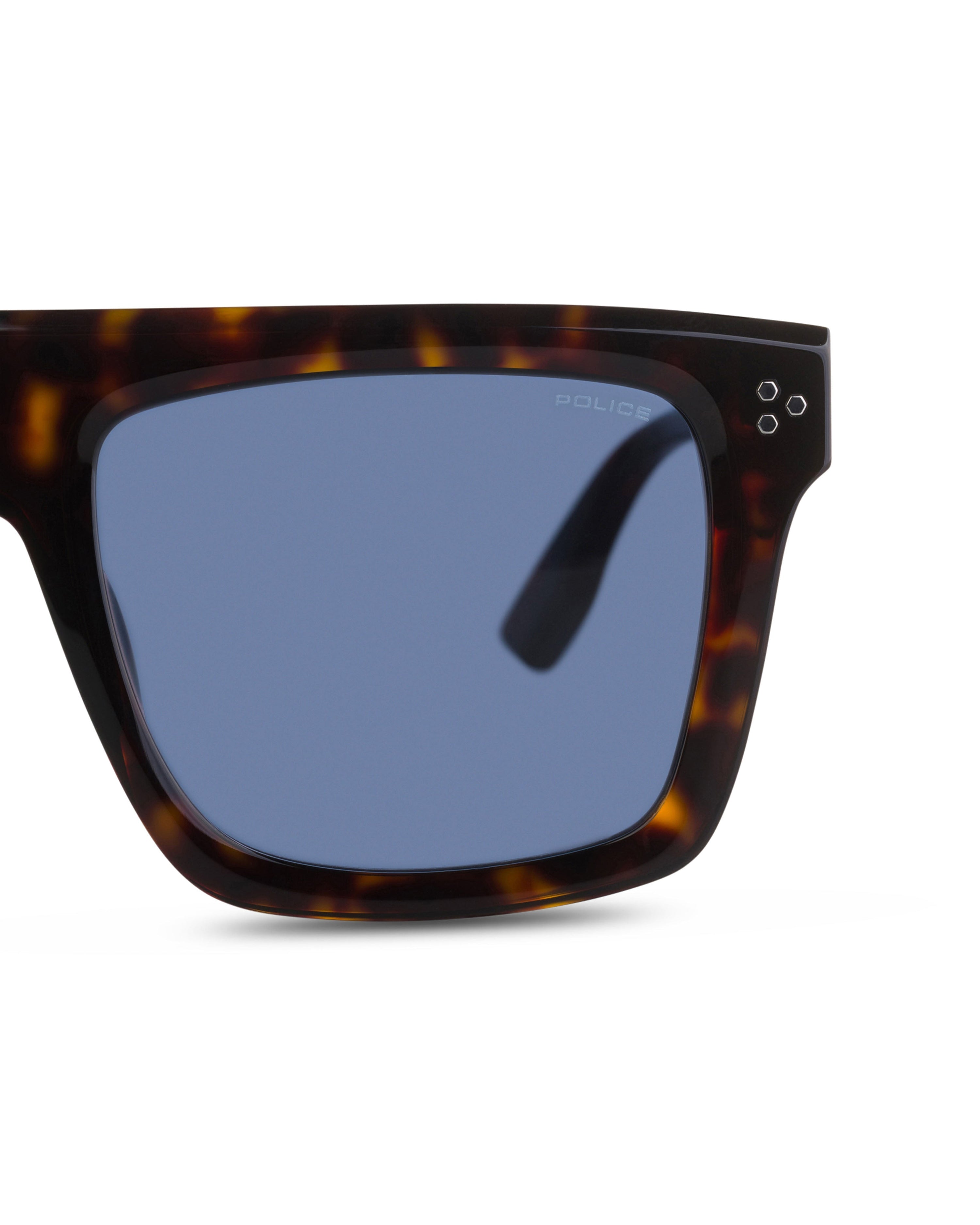 Police x Mercedes Sunglasses Police SPLR47M Havana — close-up design detail showing Mercedes-AMG PETRONAS F1 styling and product details | Dash Racegear