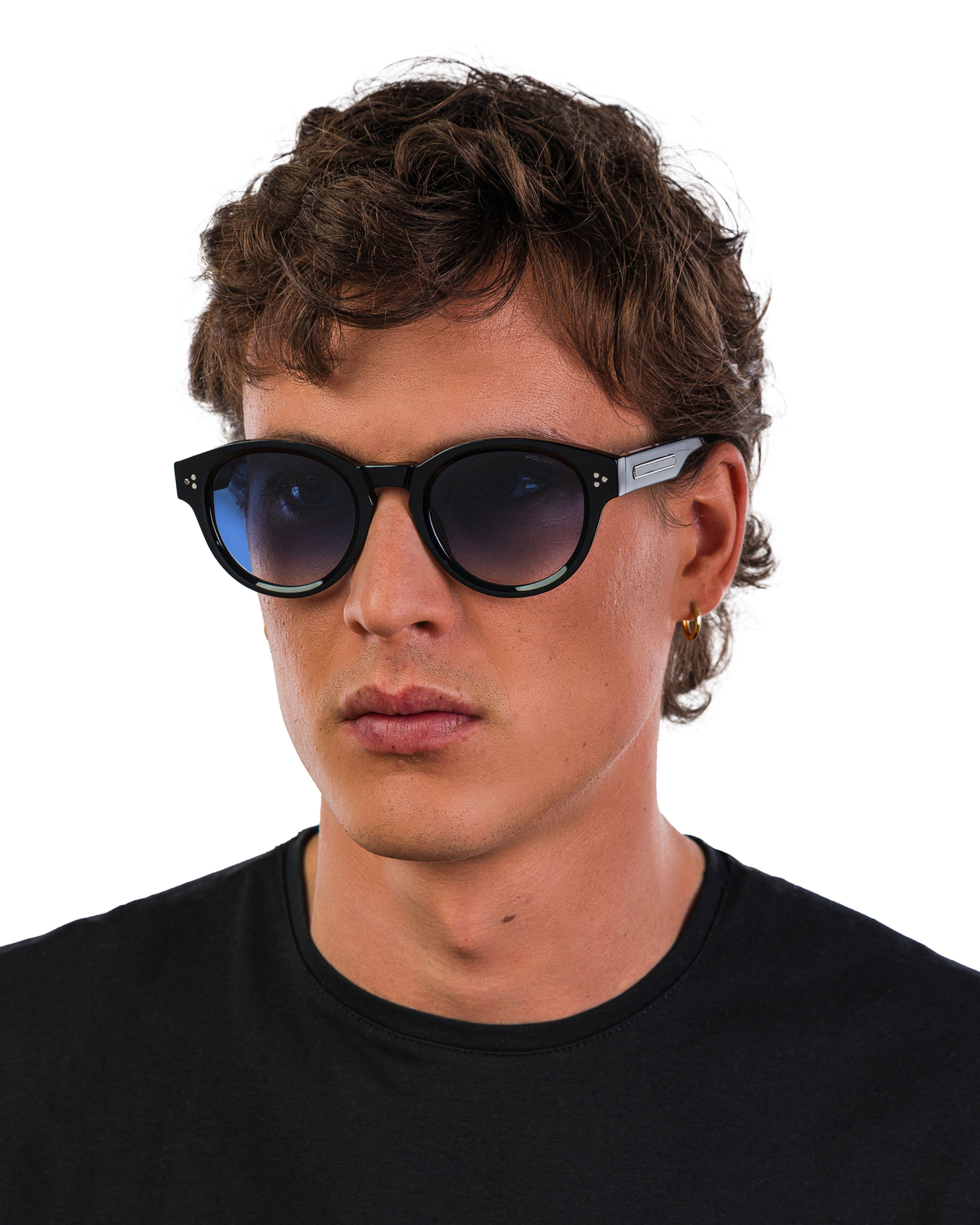 Police x Mercedes Sunglasses Police SPLR48M Black/Blue — close-up design detail showing Mercedes-AMG PETRONAS F1 styling and product details | Dash Racegear