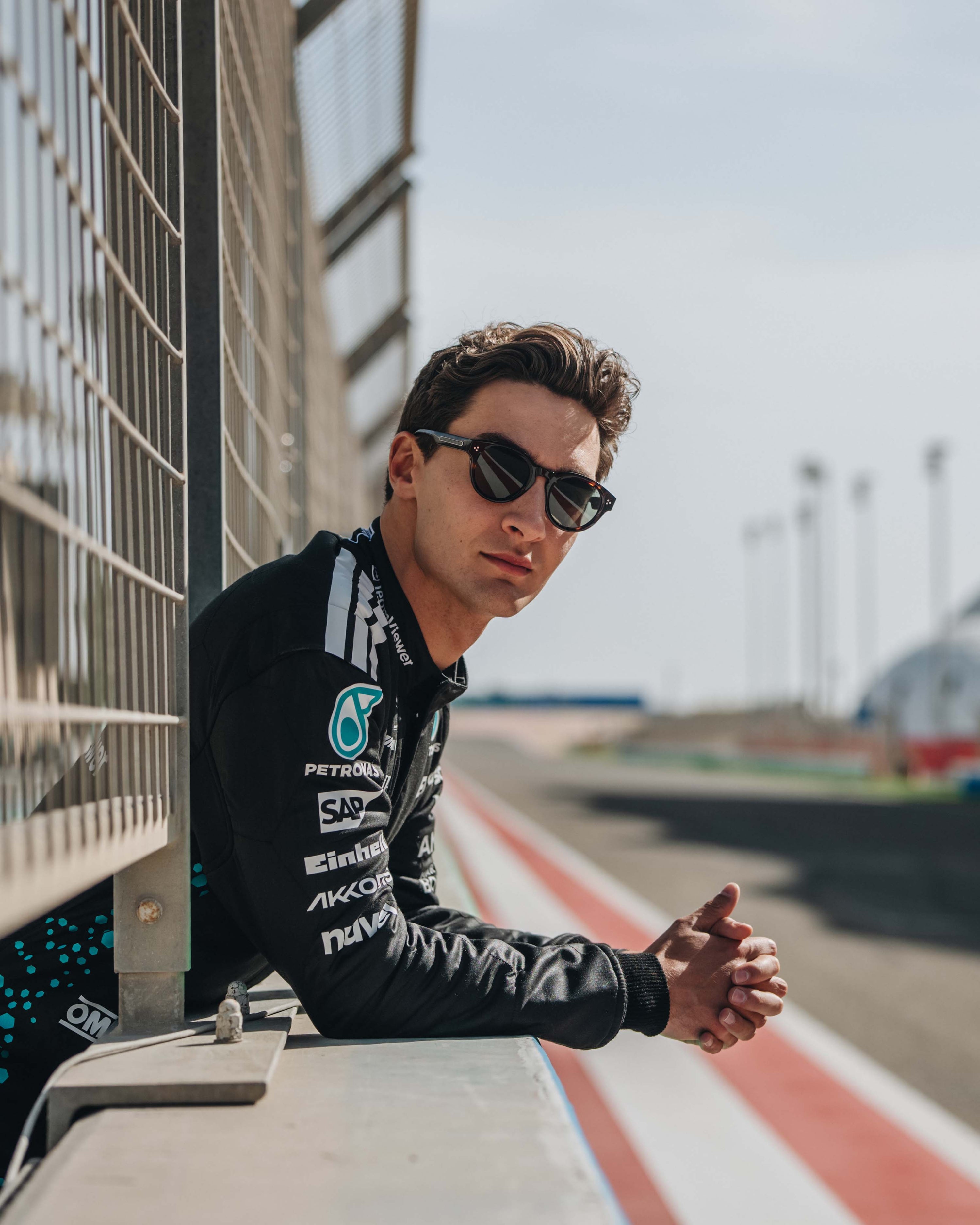 Police x Mercedes Sunglasses Police SPLR48M Havana — close-up design detail showing Mercedes-AMG PETRONAS F1 styling and product details | Dash Racegear