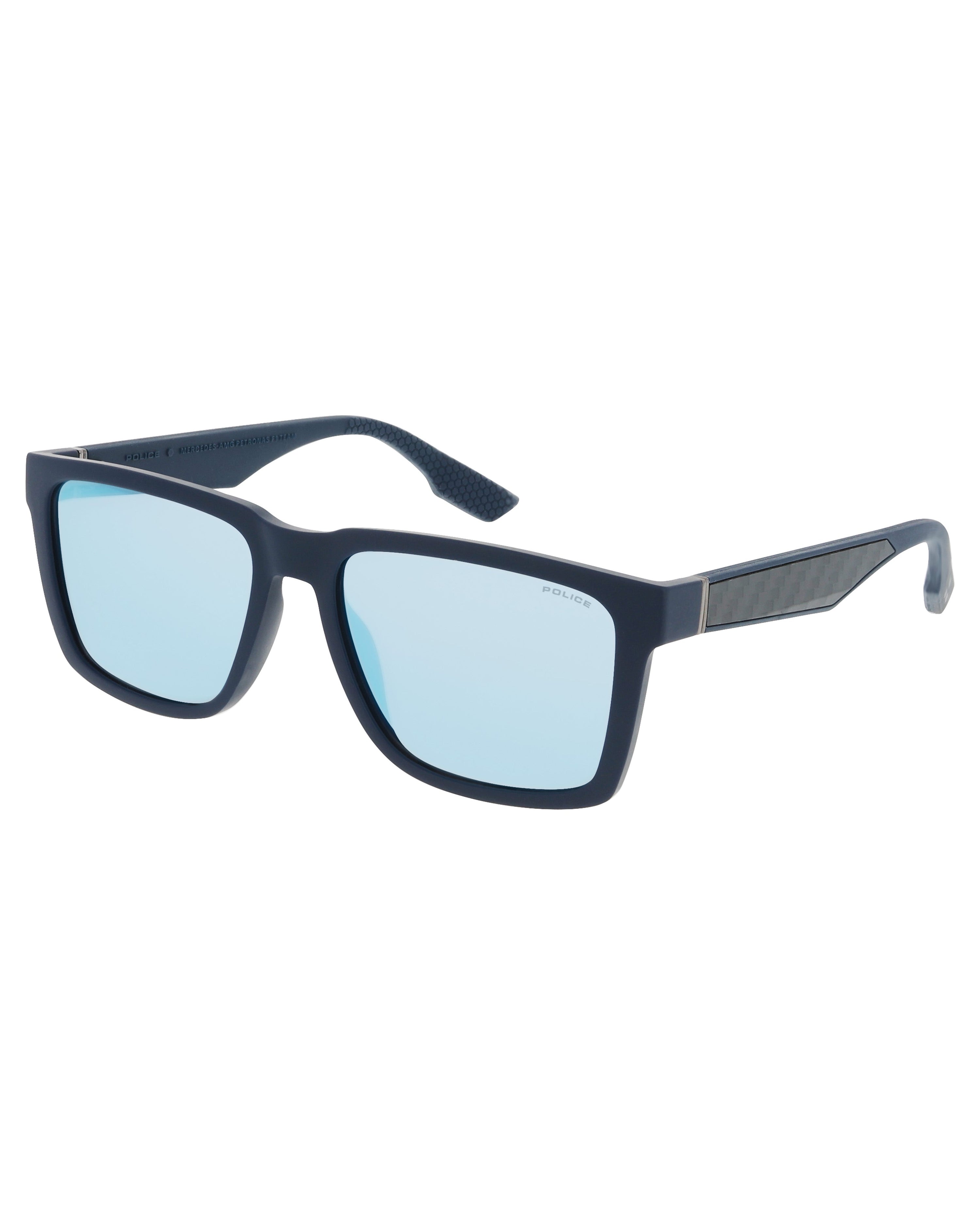 Police x Mercedes Sunglasses Police SPLR49M Blue — alternate product angle showing Mercedes-AMG PETRONAS F1 styling and product details | Dash Racegear