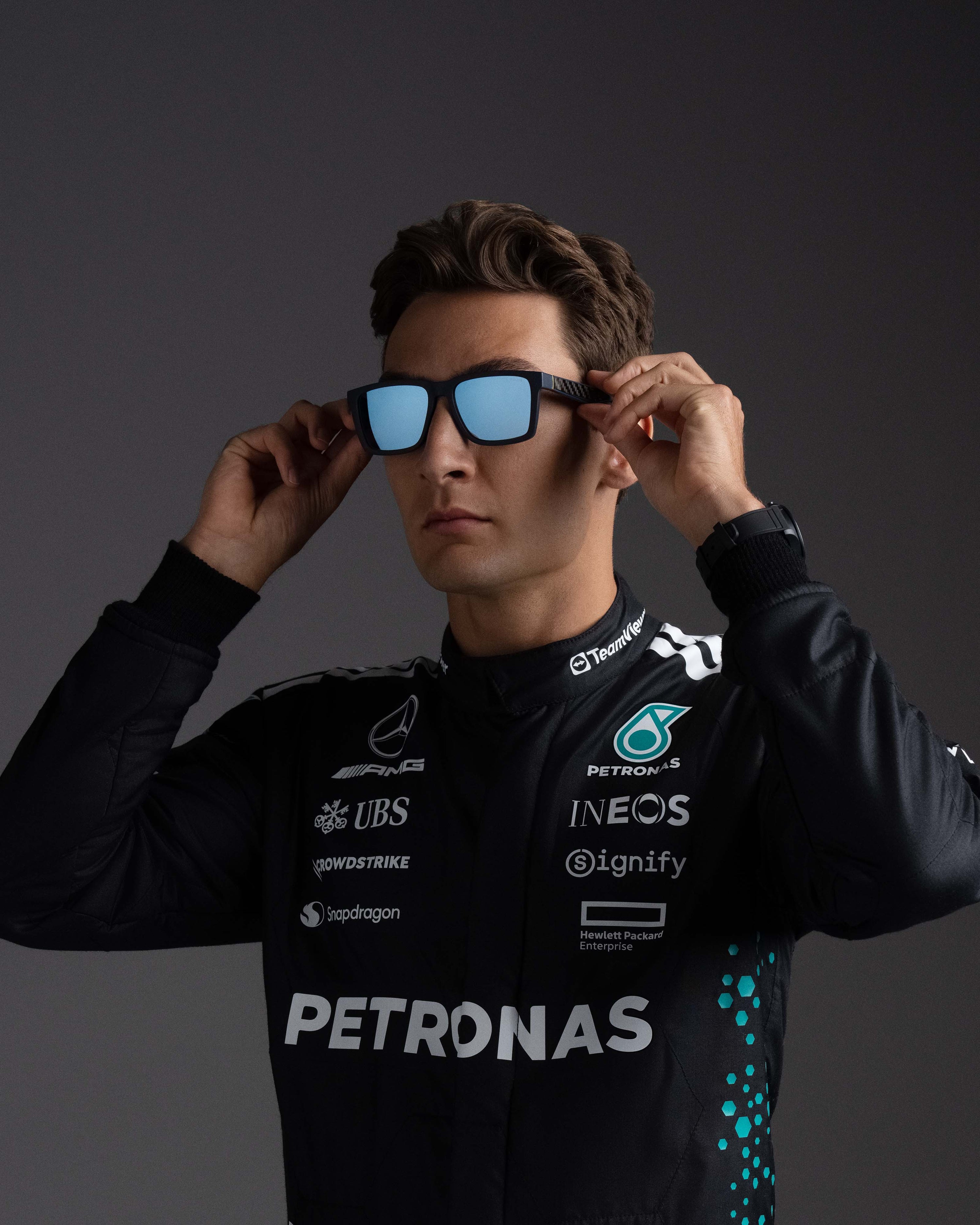 Police x Mercedes Sunglasses Police SPLR49M Blue — close-up design detail showing Mercedes-AMG PETRONAS F1 styling and product details | Dash Racegear
