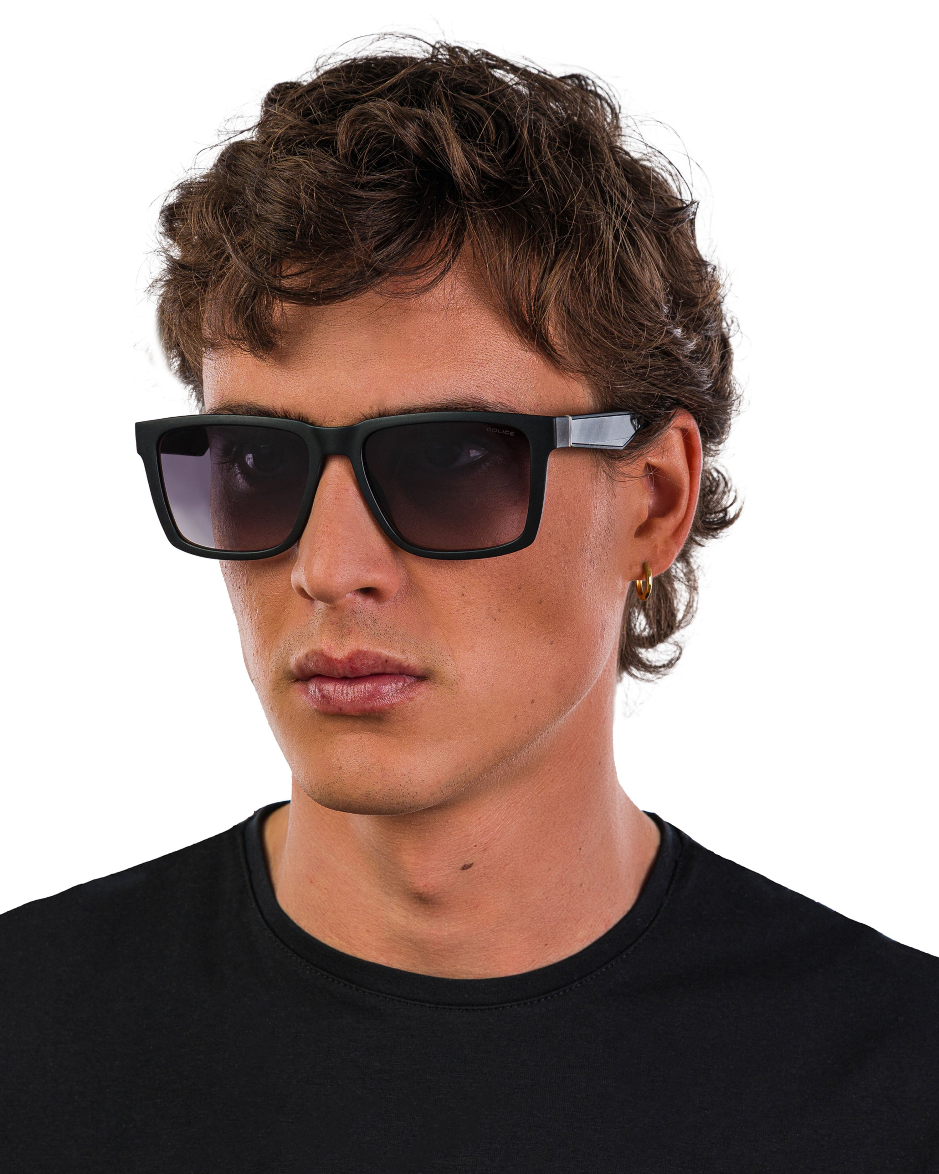 Police x Mercedes Sunglasses Police SPLR49M Matte Black — close-up design detail showing Mercedes-AMG PETRONAS F1 styling and product details | Dash Racegear