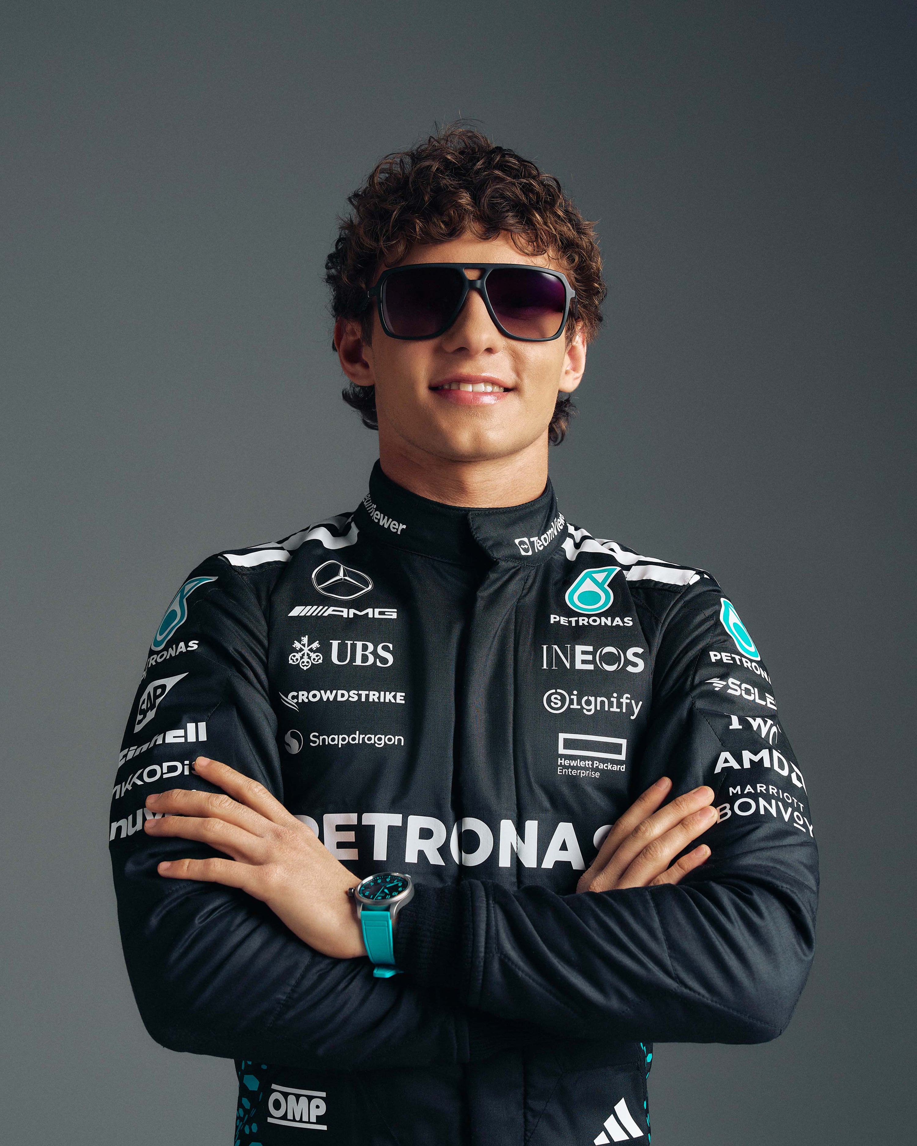 Police x Mercedes Sunglasses Police SPLR50M Black — close-up design detail showing Mercedes-AMG PETRONAS F1 styling and product details | Dash Racegear