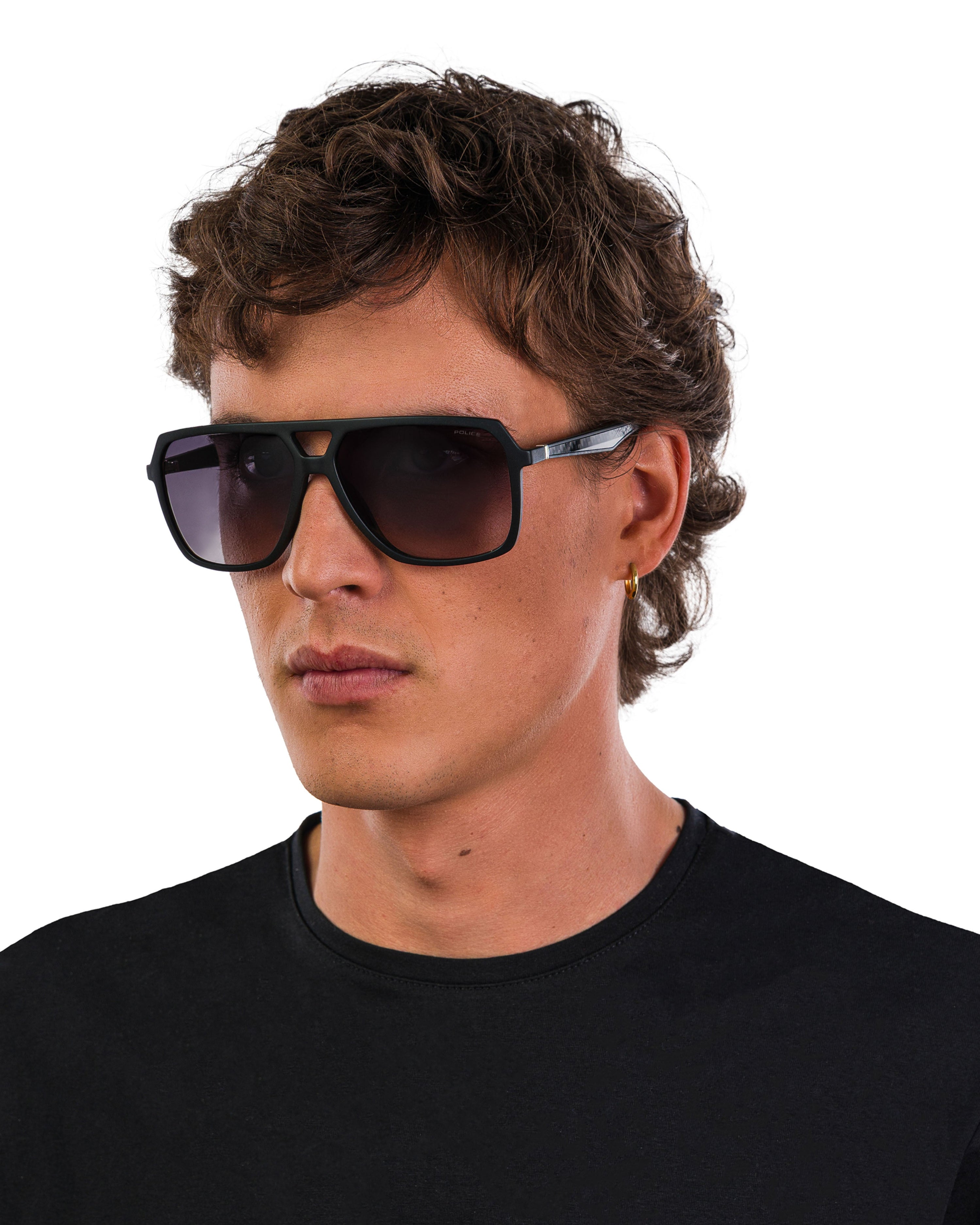 Police x Mercedes Sunglasses Police SPLR50M Matte Black — close-up design detail showing Mercedes-AMG PETRONAS F1 styling and product details | Dash Racegear