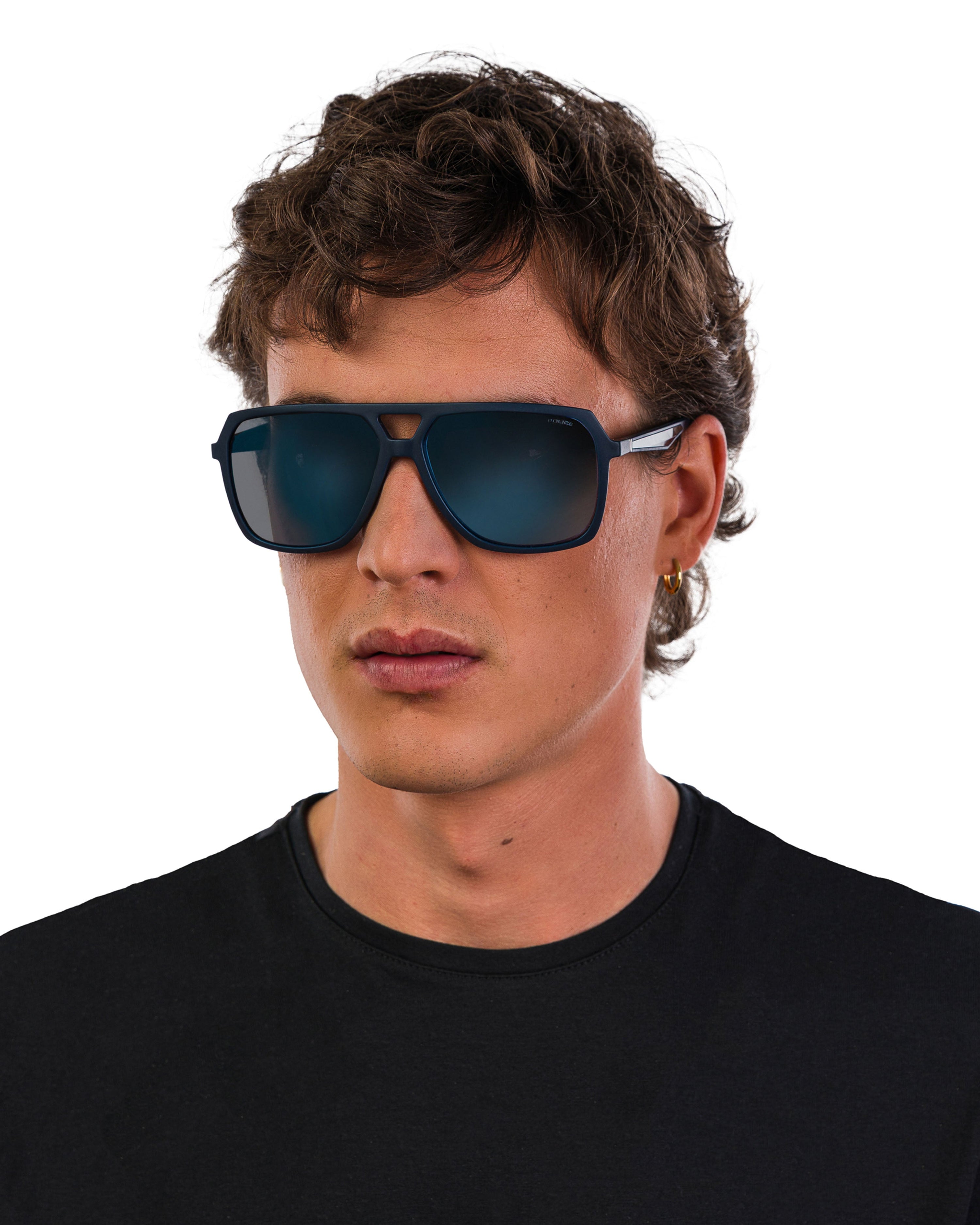 Police x Mercedes Sunglasses Police SPLR50M Matte Blue — close-up design detail showing Mercedes-AMG PETRONAS F1 styling and product details | Dash Racegear