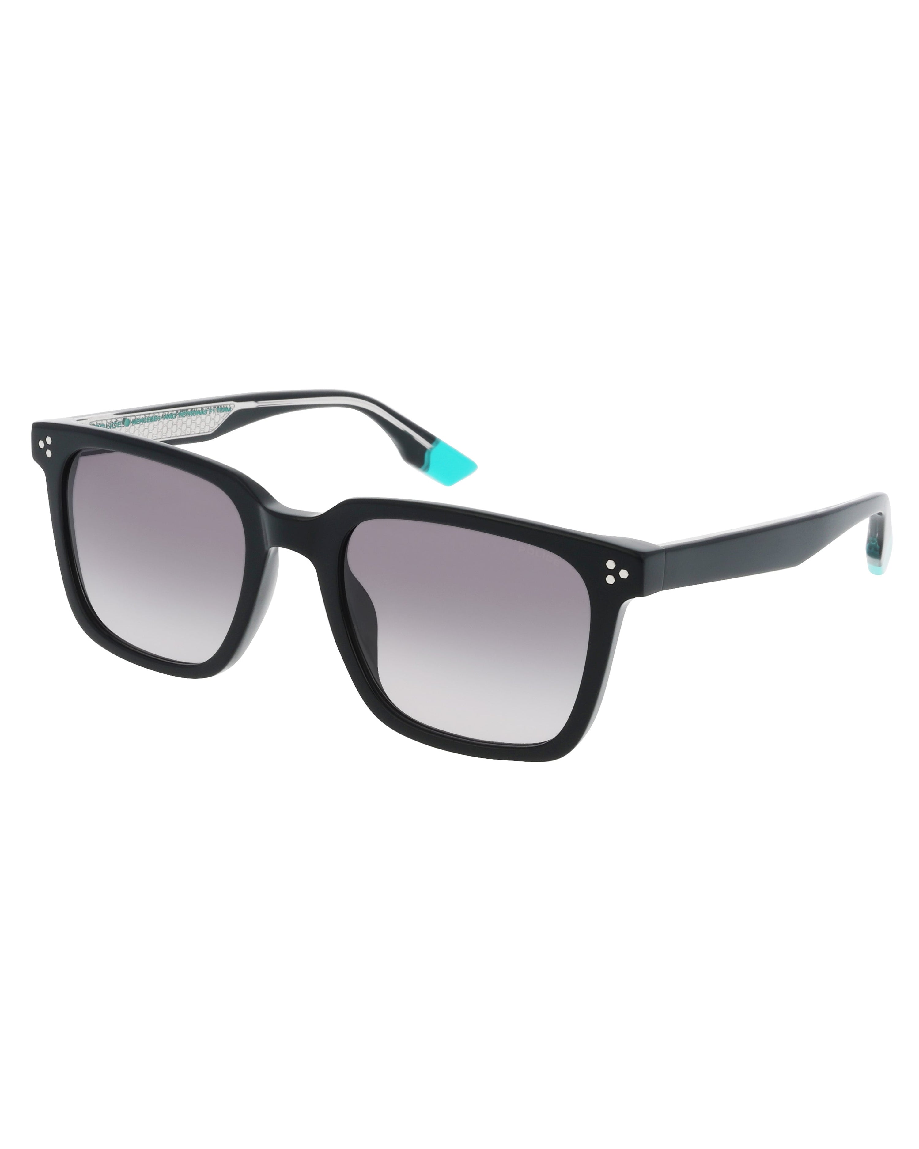 Police x Mercedes Sunglasses Police SPLR51 Black — alternate product angle showing Mercedes-AMG PETRONAS F1 styling and product details | Dash Racegear