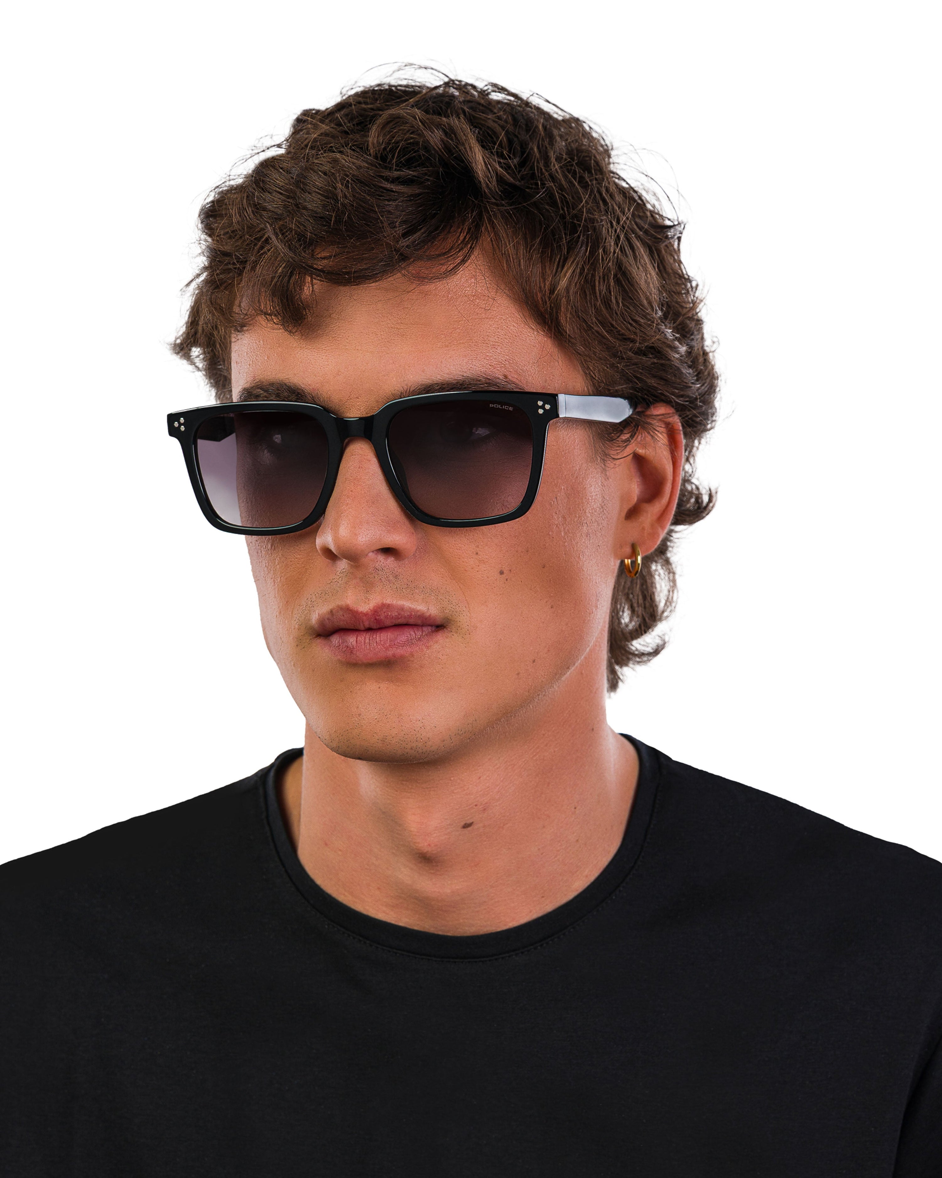Police x Mercedes Sunglasses Police SPLR51 Black — close-up design detail showing Mercedes-AMG PETRONAS F1 styling and product details | Dash Racegear