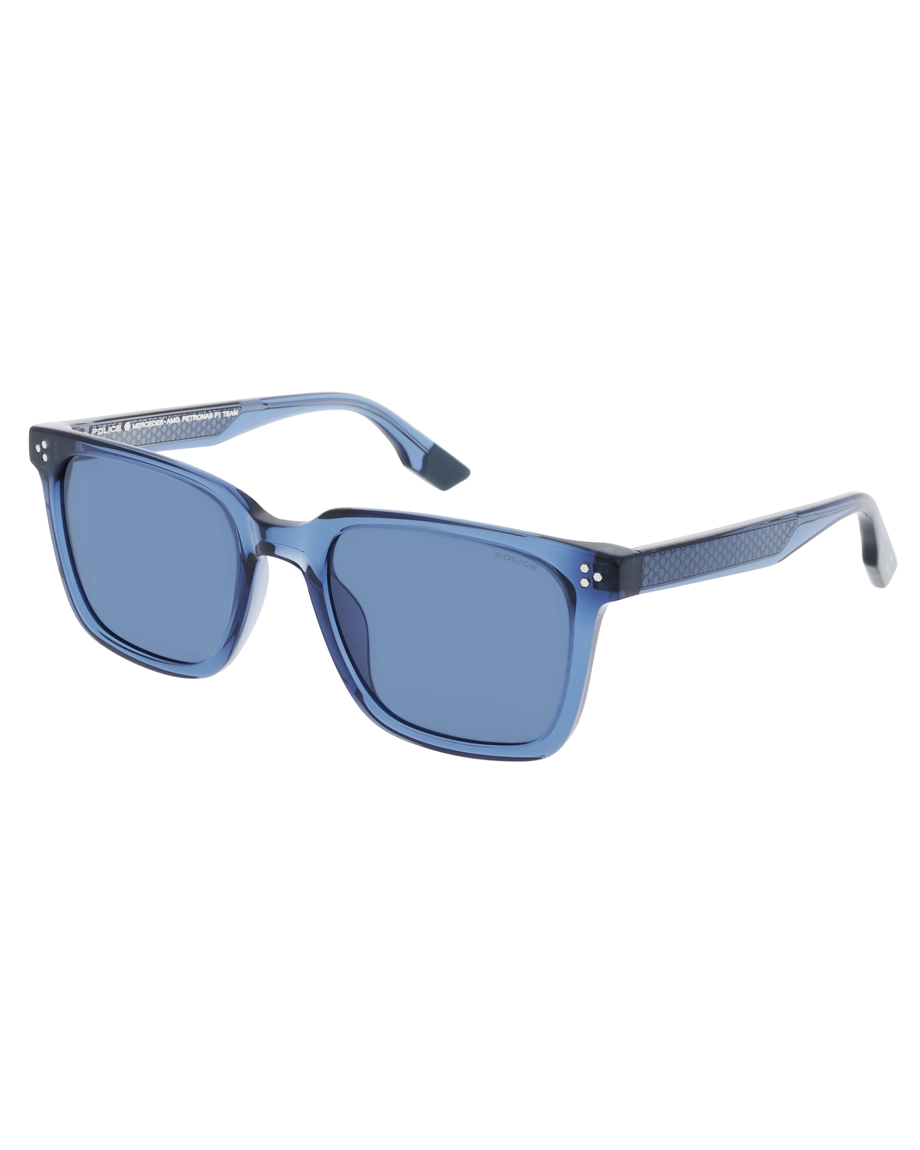 Police x Mercedes Sunglasses Police SPLR51 Blue — alternate product angle showing Mercedes-AMG PETRONAS F1 styling and product details | Dash Racegear