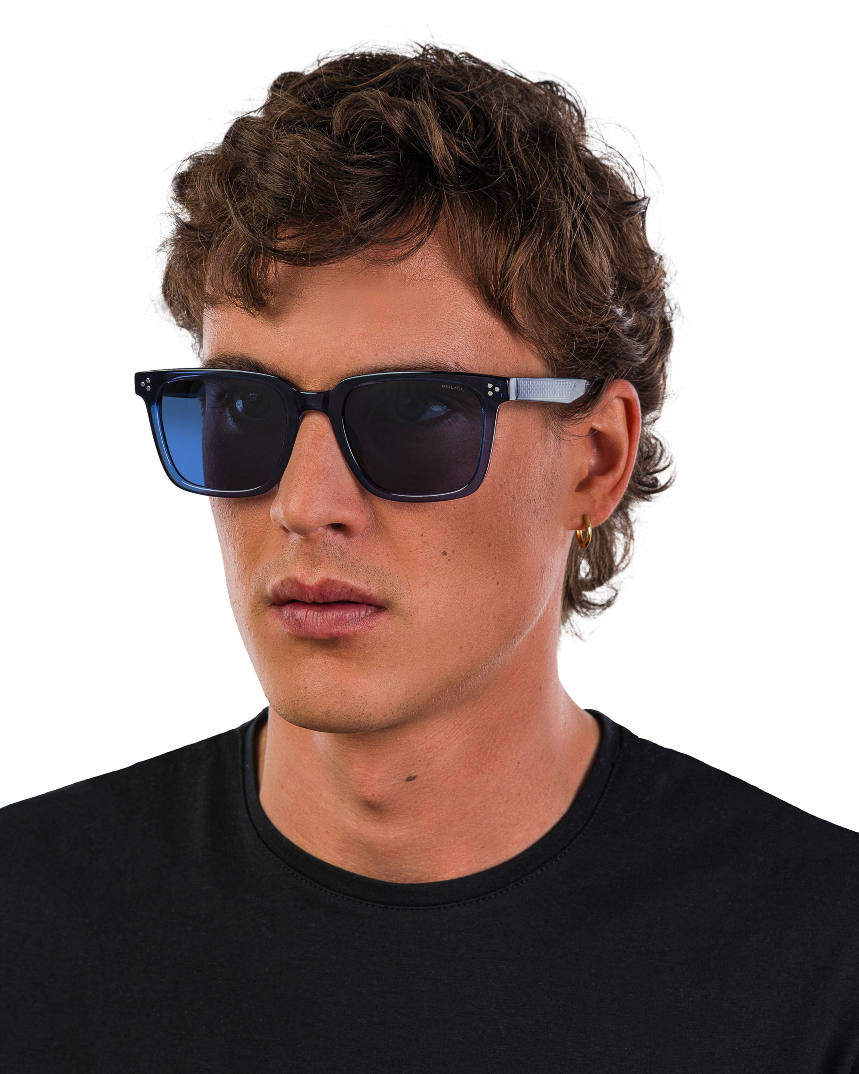 Police x Mercedes Sunglasses Police SPLR51 Blue — close-up design detail showing Mercedes-AMG PETRONAS F1 styling and product details | Dash Racegear