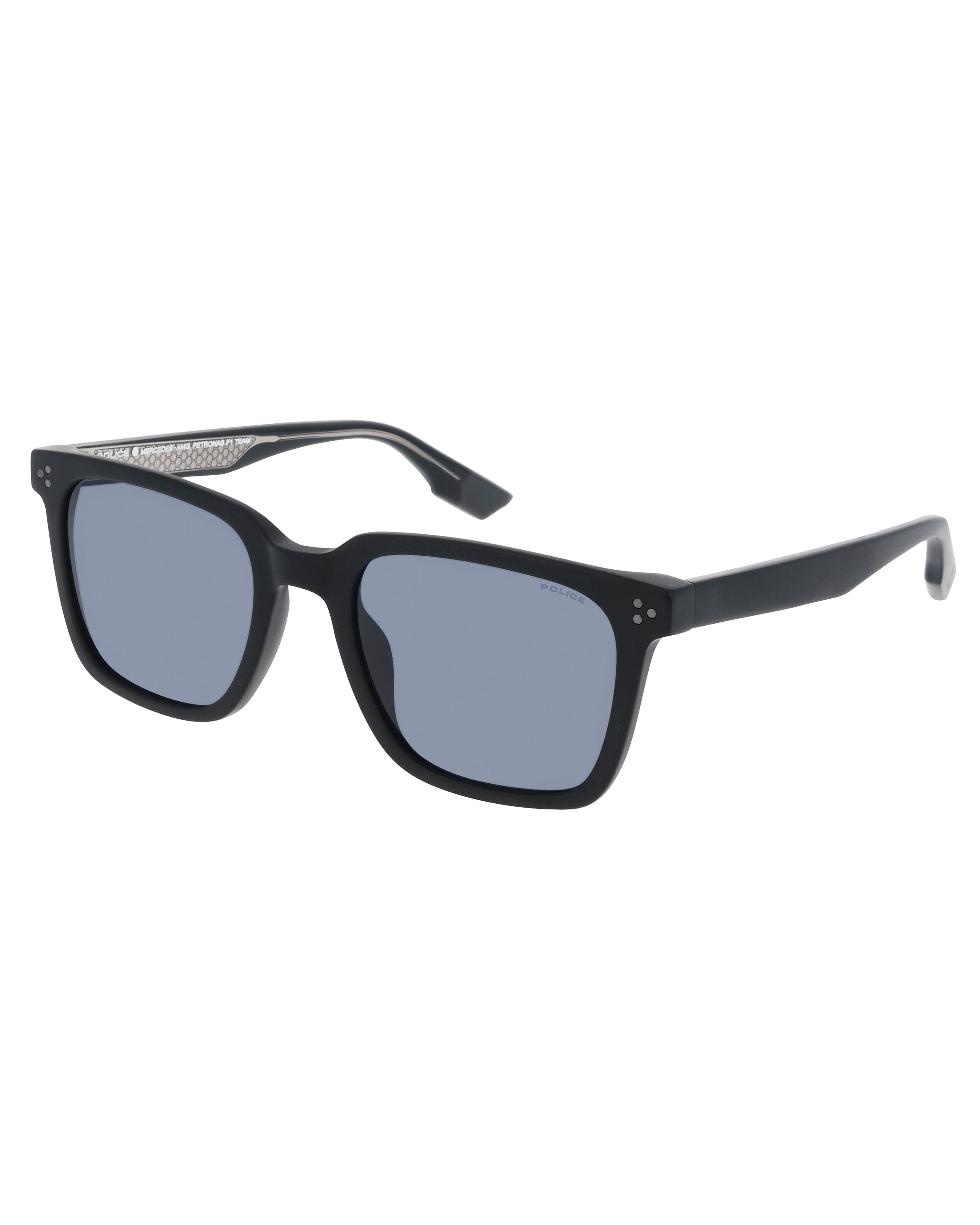 Police x Mercedes Sunglasses Police SPLR51 Matte Black — alternate product angle showing Mercedes-AMG PETRONAS F1 styling and product details | Dash Racegear