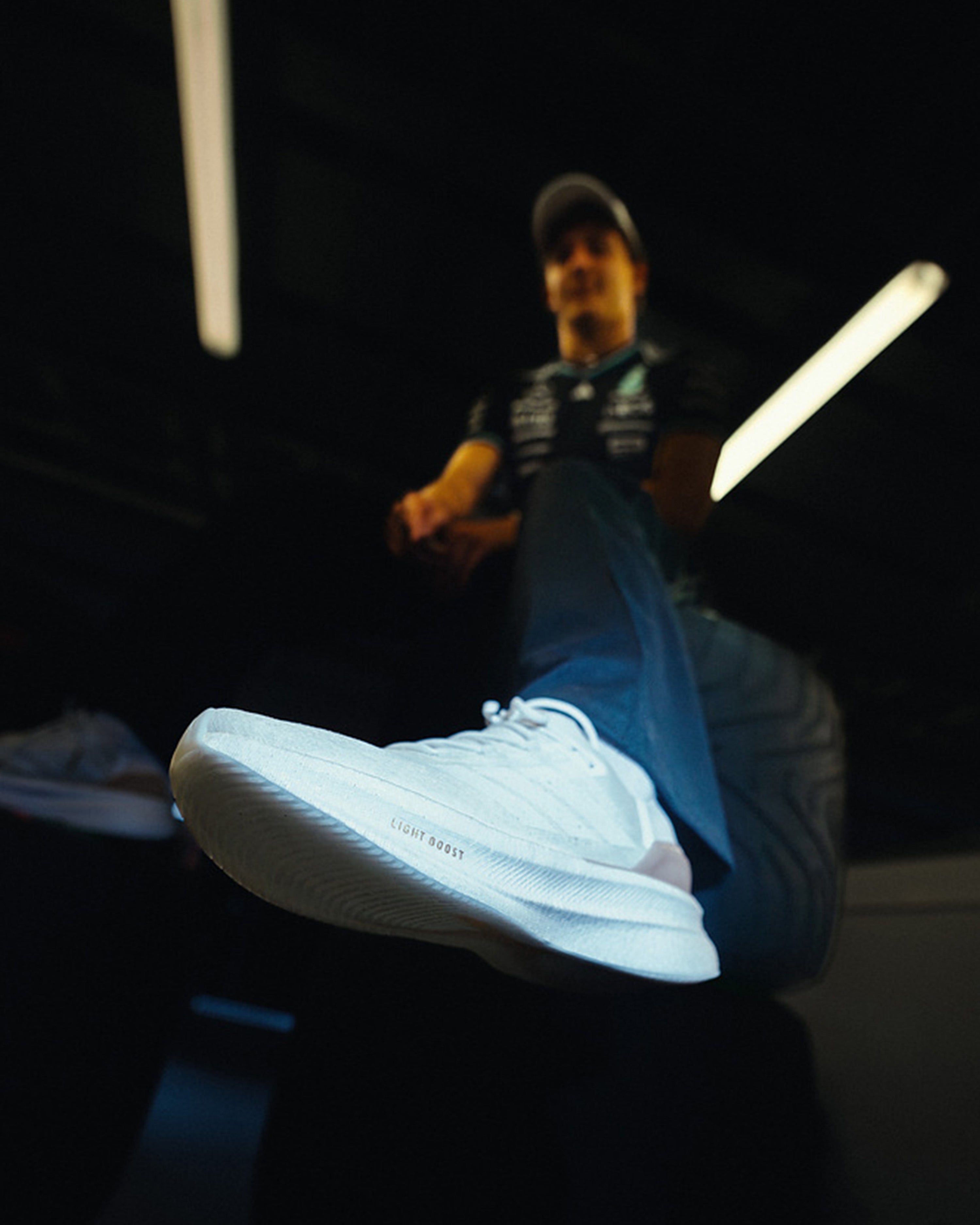 Mens Ultraboost 5 Strung Shoes White — close-up design detail showing Mercedes-AMG PETRONAS F1 styling and product details | Dash Racegear