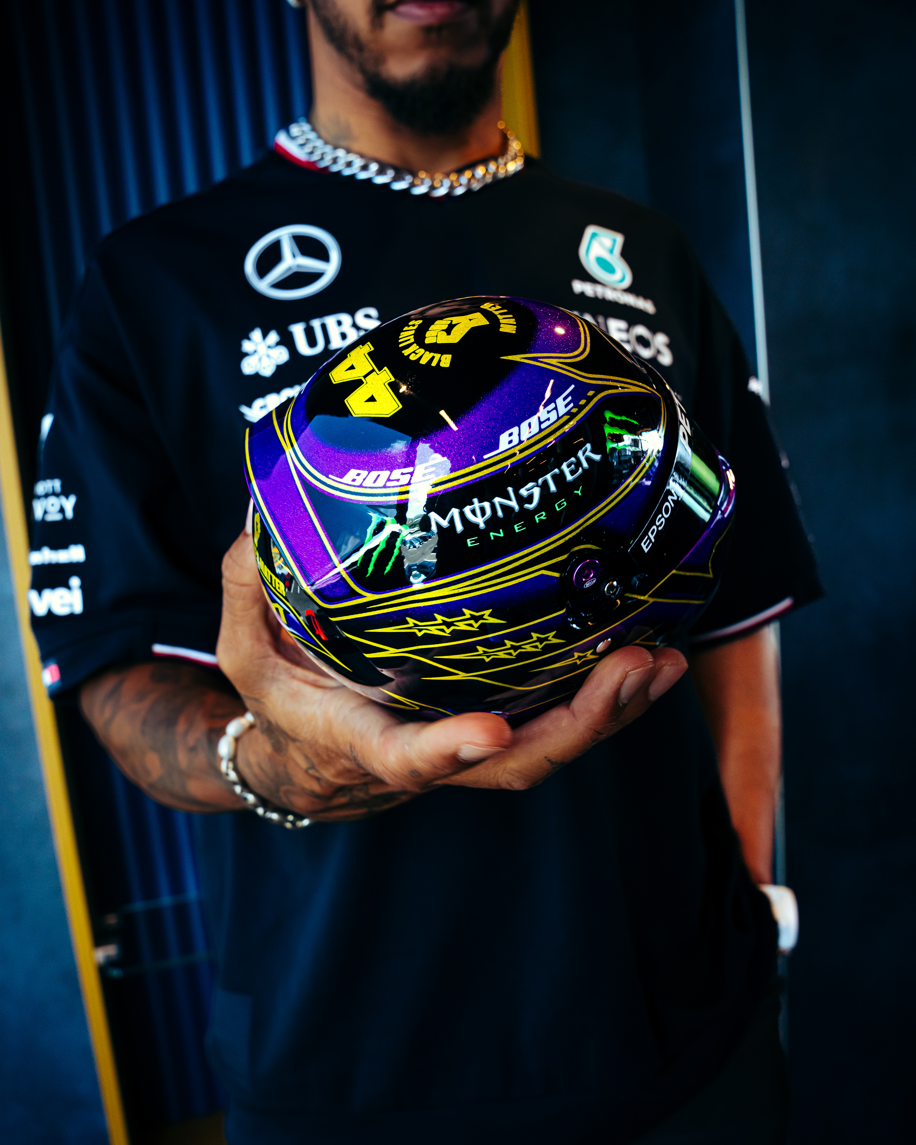 Lewis Hamilton Abu Dhabi 2020 Mini Bell Helmet Replica 1:2 — alternate product angle showing Mercedes-AMG PETRONAS F1 styling and product details | Dash Racegear