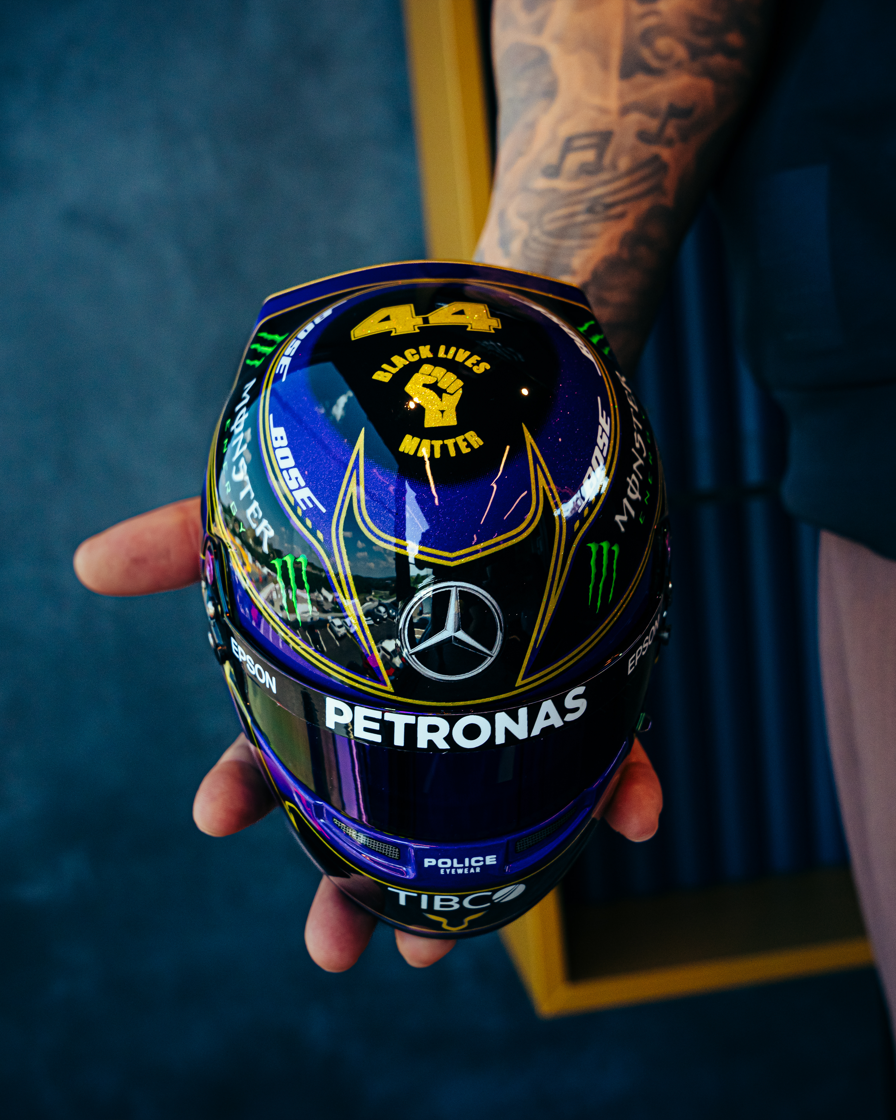 Lewis Hamilton Abu Dhabi 2020 Mini Bell Helmet Replica 1:2 — primary product view showing Mercedes-AMG PETRONAS F1 styling and product details | Dash Racegear