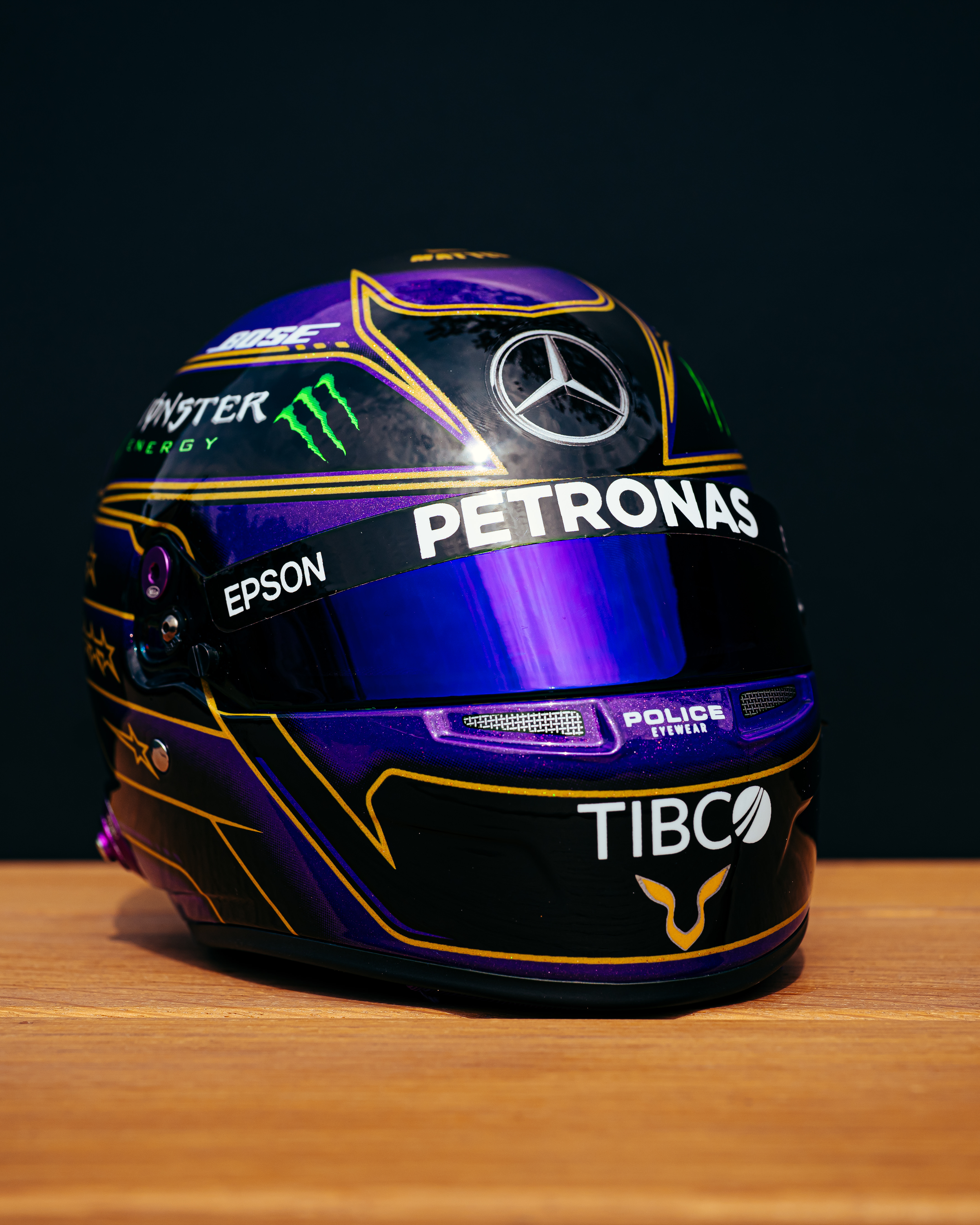 Lewis Hamilton Abu Dhabi 2020 Mini Bell Helmet Replica 1:2 — close-up design detail showing Mercedes-AMG PETRONAS F1 styling and product details | Dash Racegear
