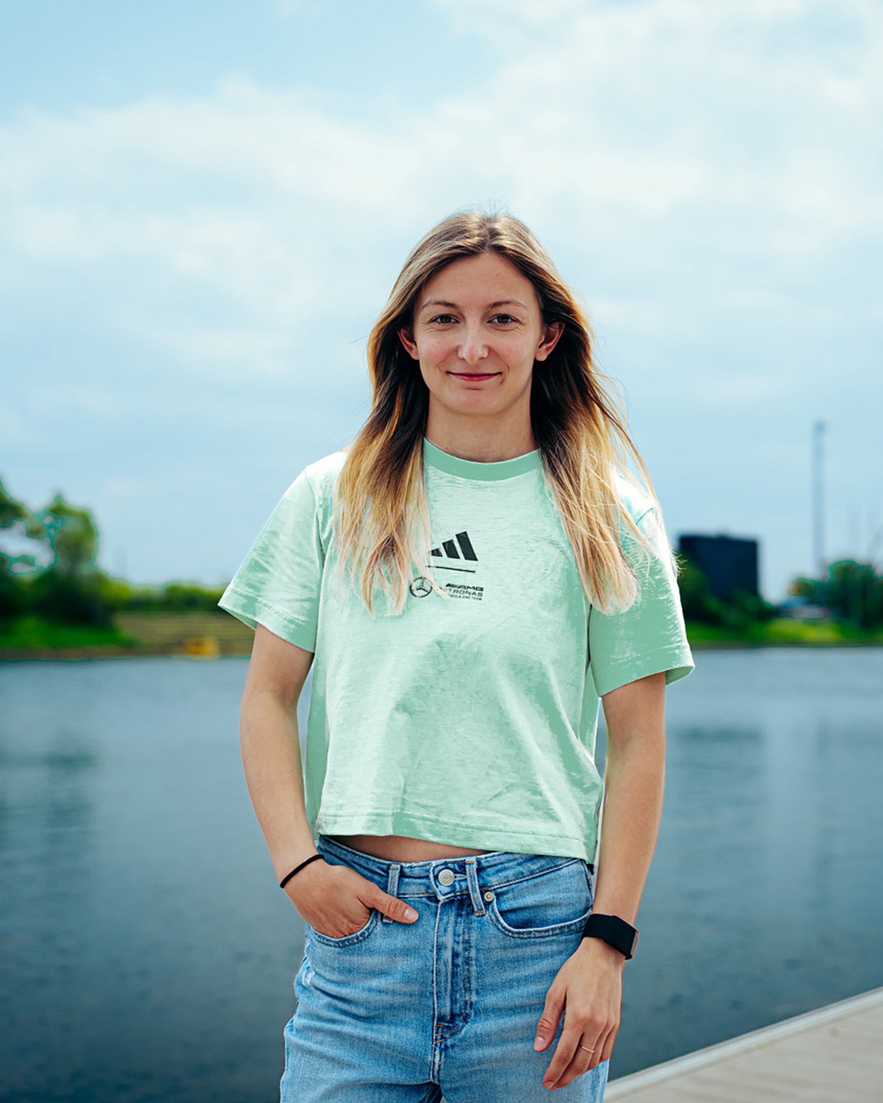 Womens Premium Woven Crop T-Shirt Green — primary product view showing Mercedes-AMG PETRONAS F1 styling and product details | Dash Racegear