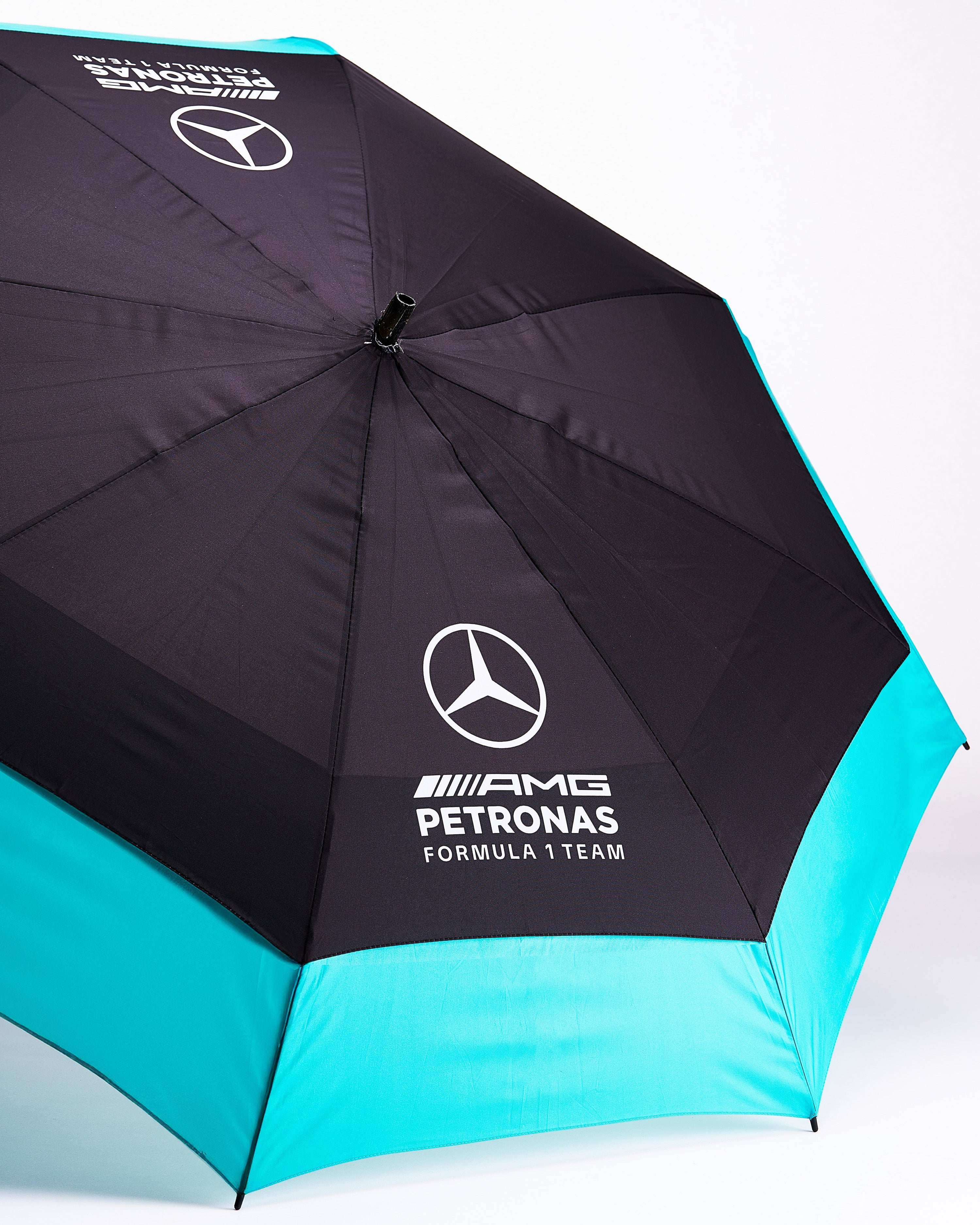 Golf Umbrella — close-up design detail showing Mercedes-AMG PETRONAS F1 styling and product details | Dash Racegear