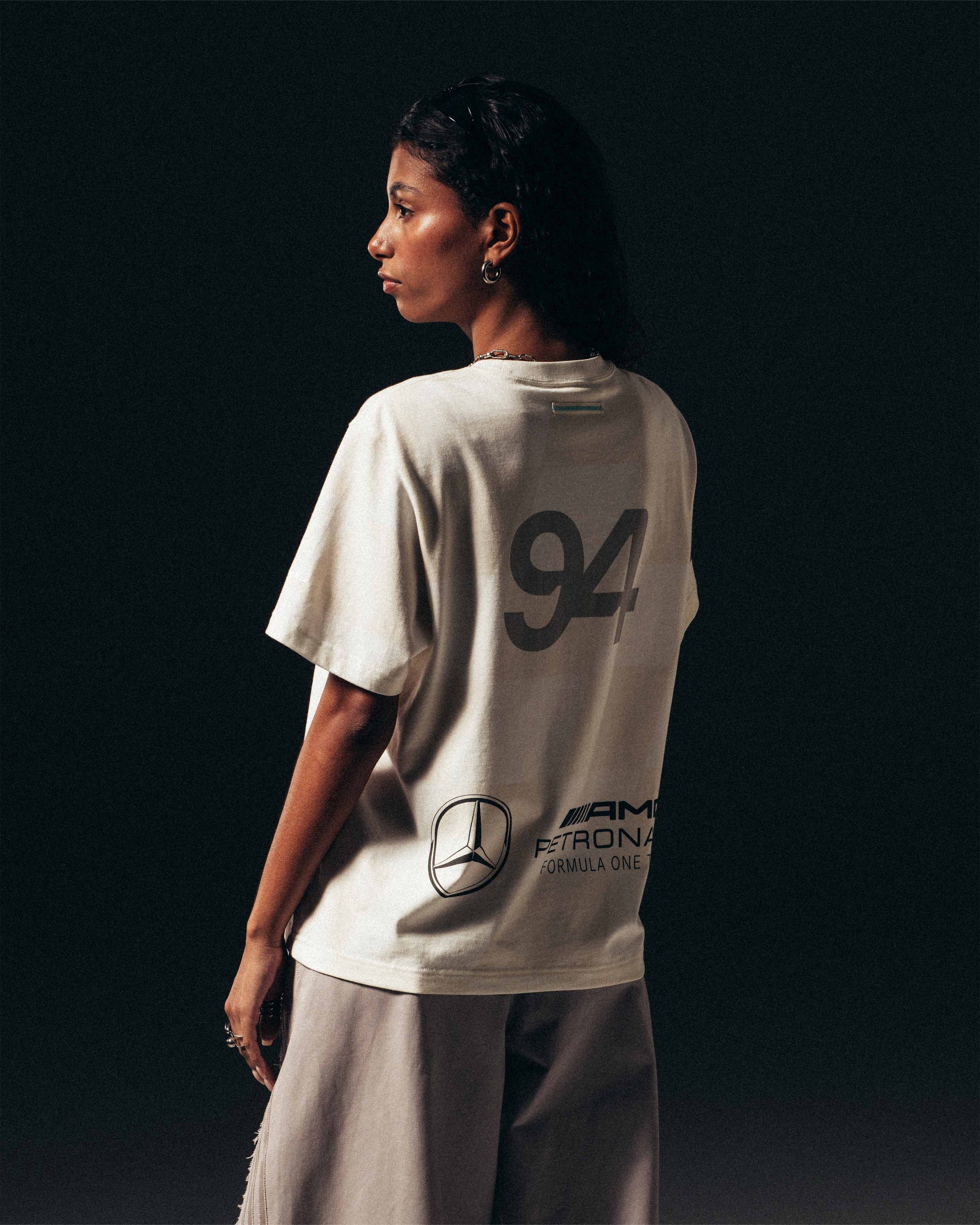adidas para Bad Bunny x Mercedes-AMG F1 T-shirt White — primary product view showing Mercedes-AMG PETRONAS F1 styling and product details | Dash Racegear